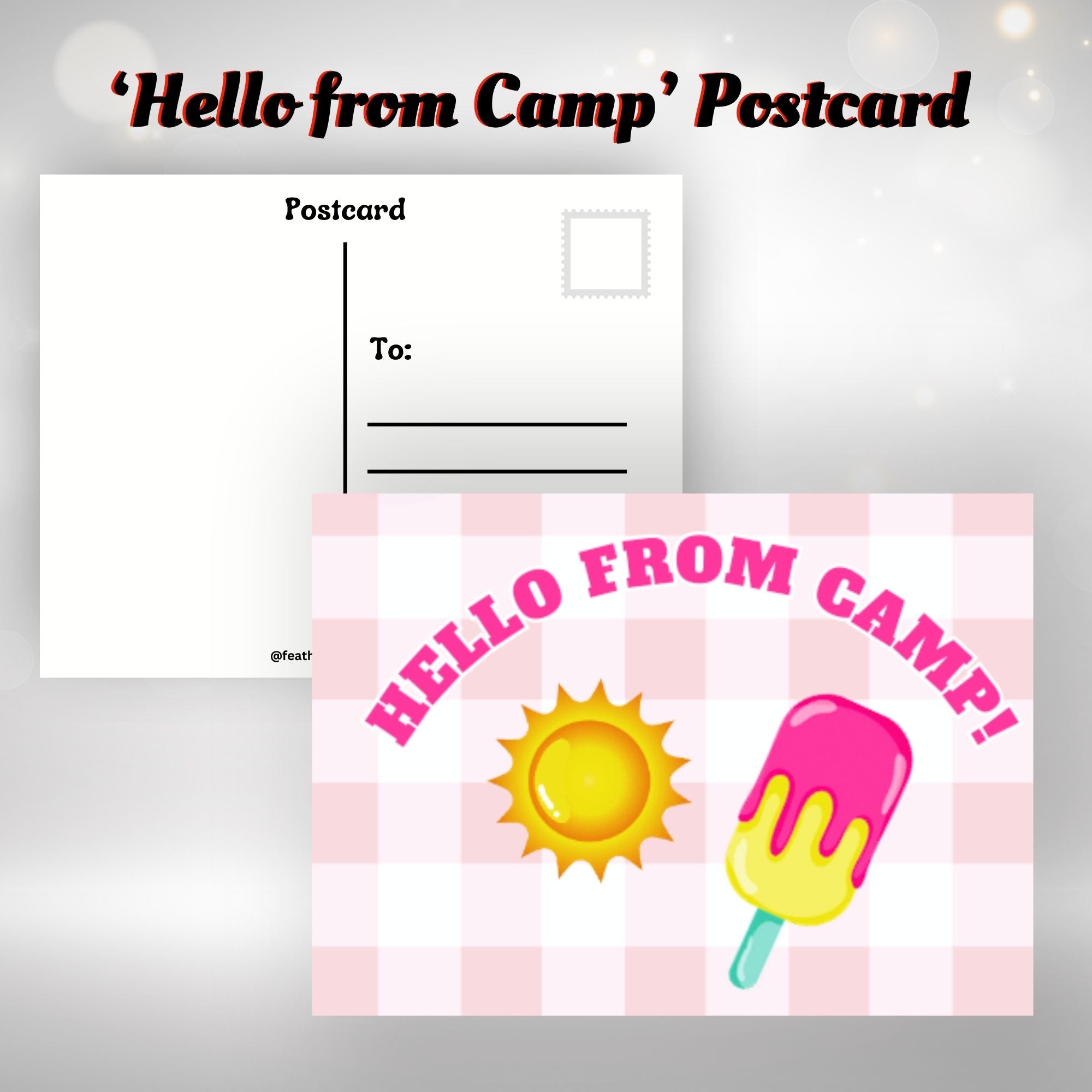 This image shows the Hello from Camp! postcard with the sun and an ice cream bar.