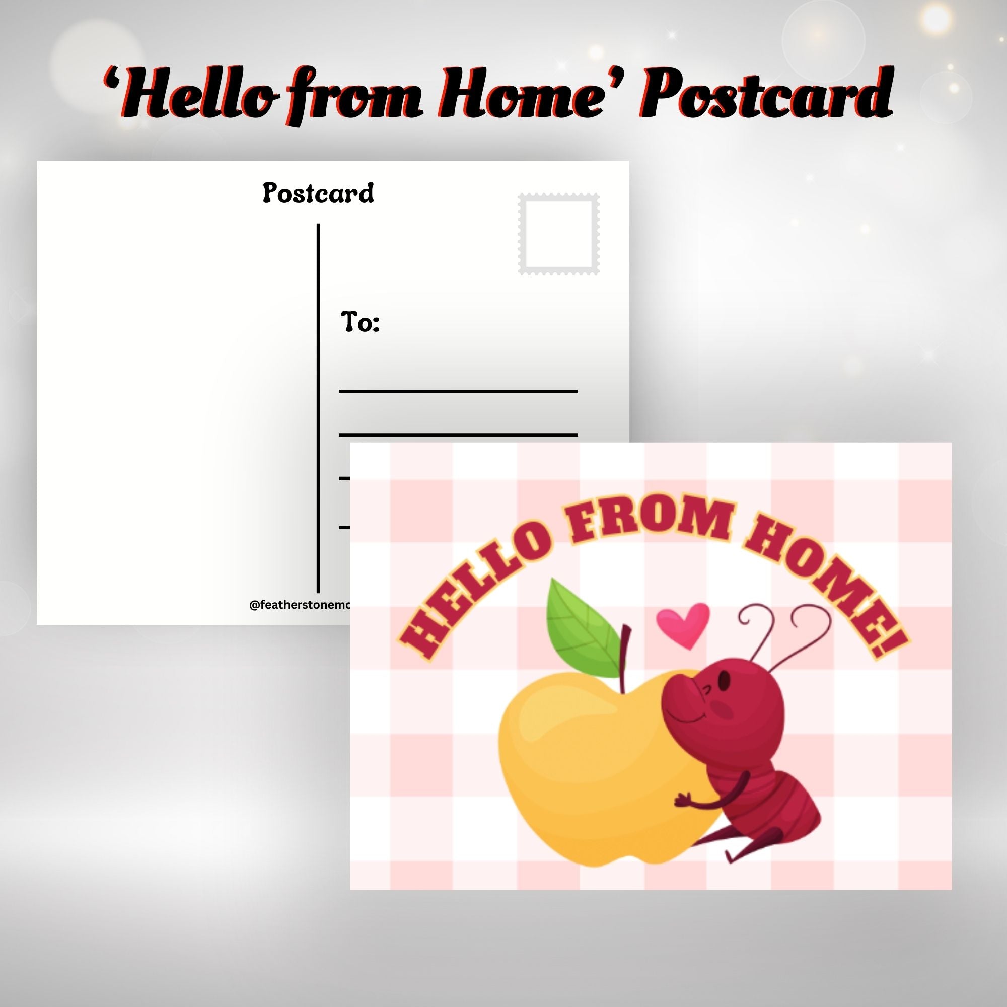 This image shows the Hello from Home! postcard with an ant holding a yellow apple.