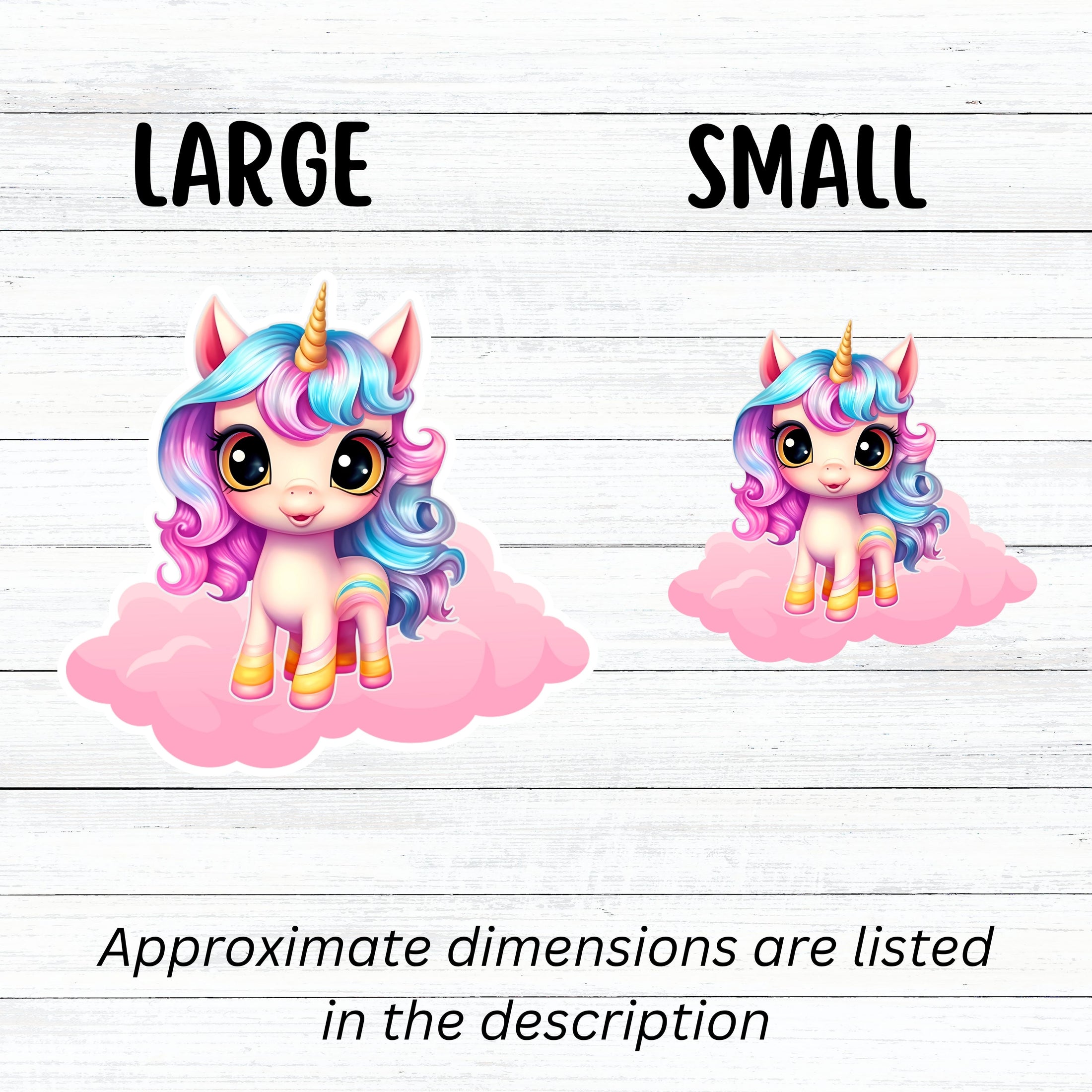 This image shows large and small pink chibi unicorn stickers next to each other.