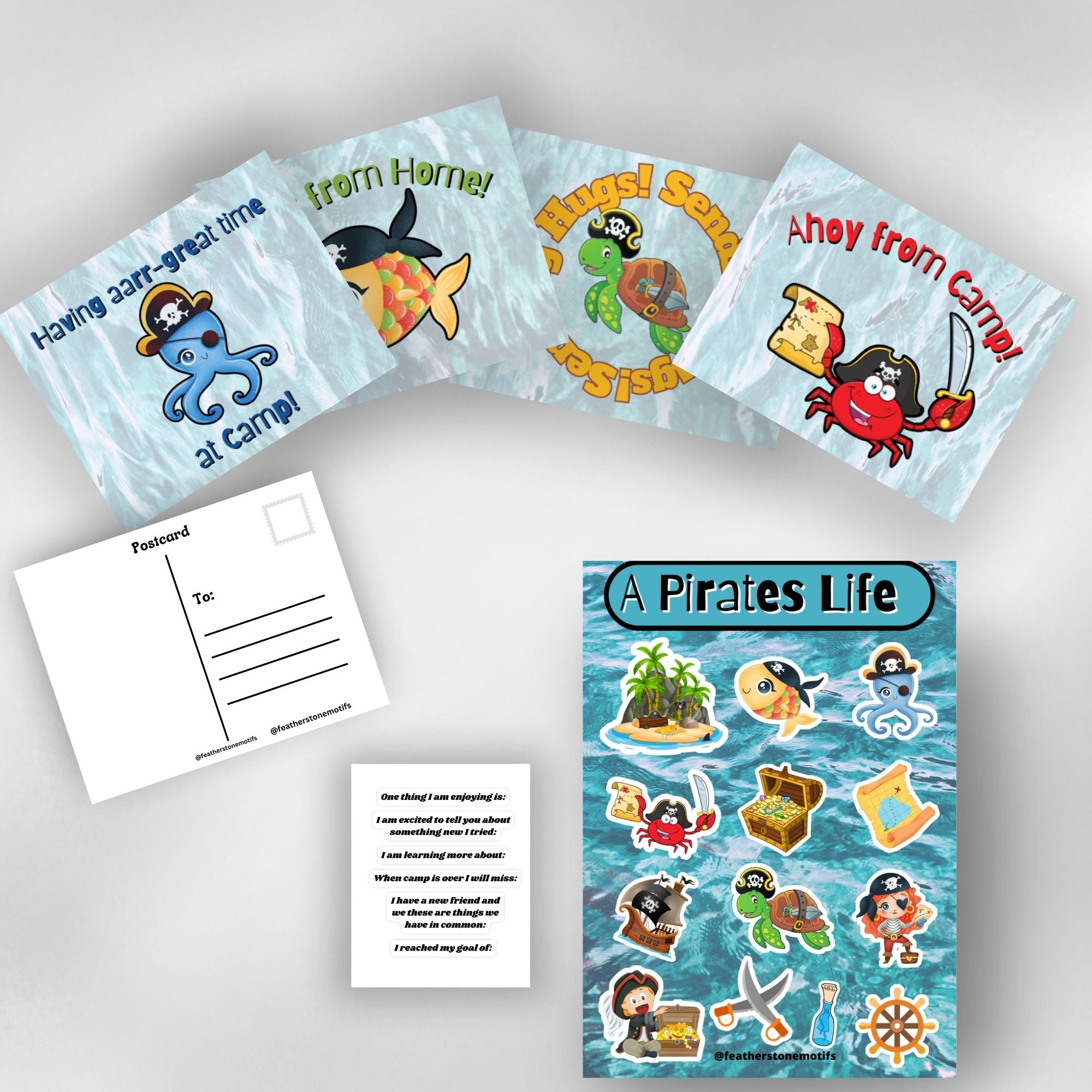This image shows the full Pirate themed Camp Postcard Kit.