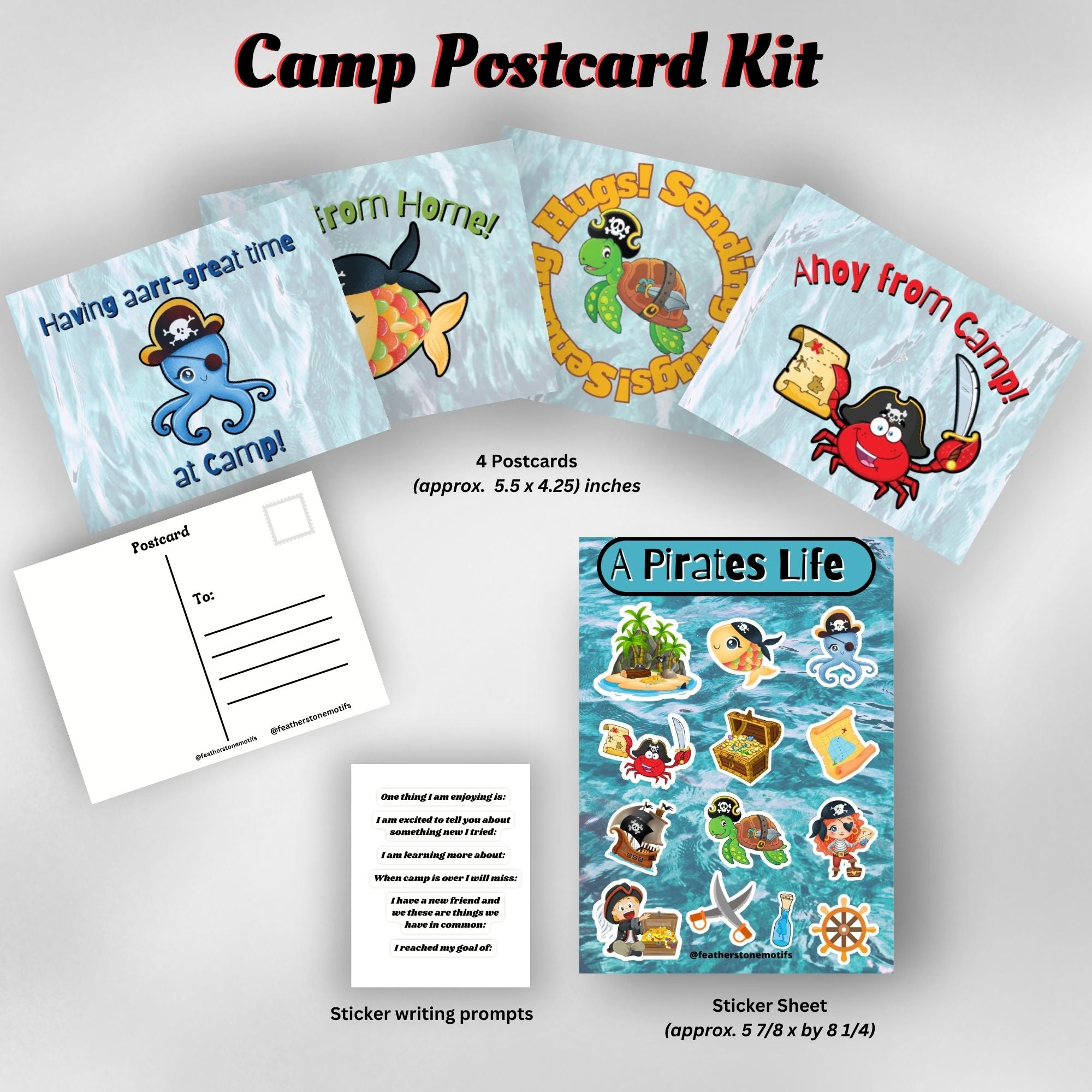 This image shows the Pirate themed Camp Postcard Kit with dimensions and descriptions for each item.
