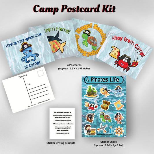 This image shows the Pirate themed Camp Postcard Kit with dimensions and descriptions for each item.