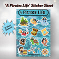 Load image into Gallery viewer, This image shows the Pirate's Life sticker sheet with 13 vinyl stickers that is included in the Pirate themed Camp Postcard Kit.
