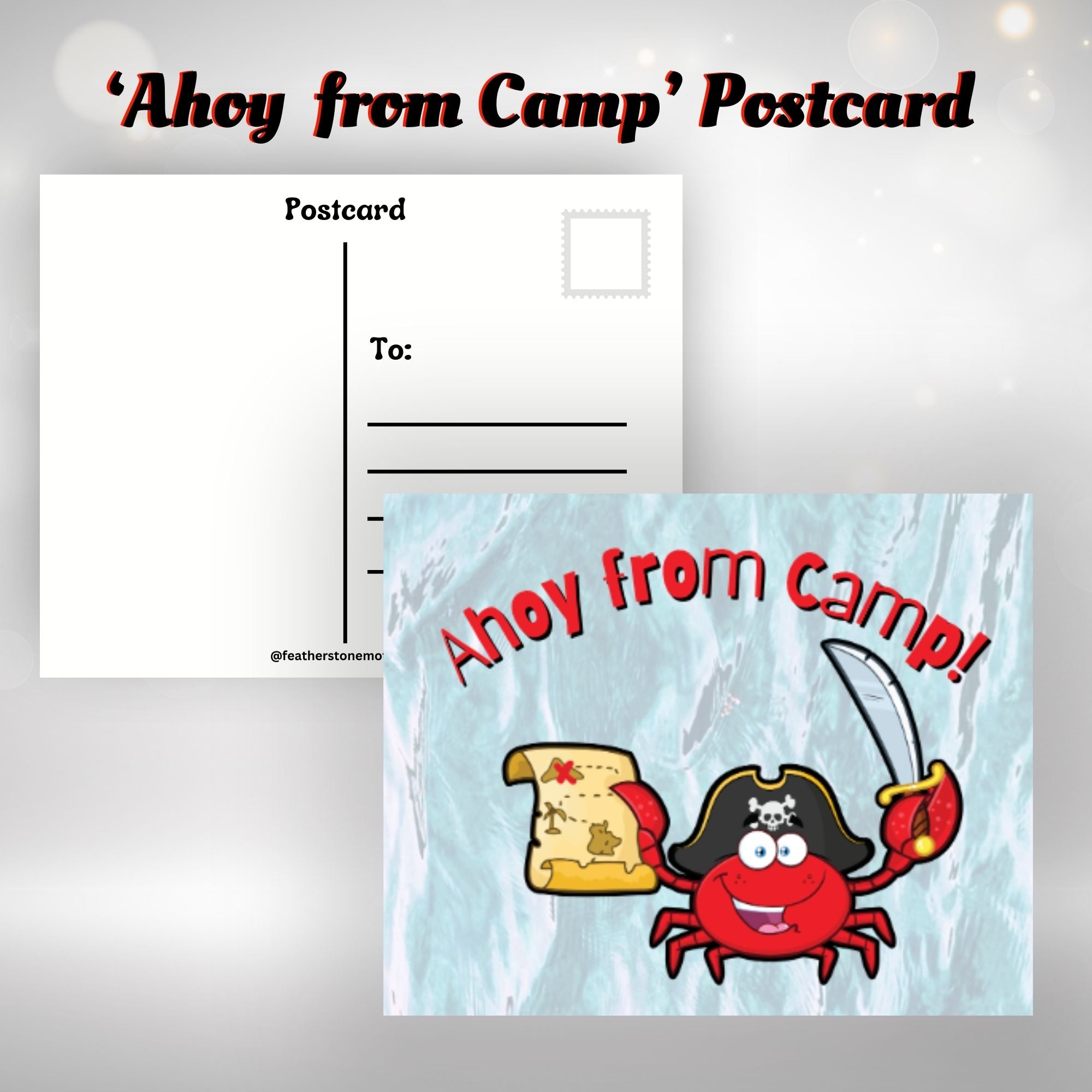 This image shows the Ahoy from Camp! postcard with a pirate crab holding a sword and map.