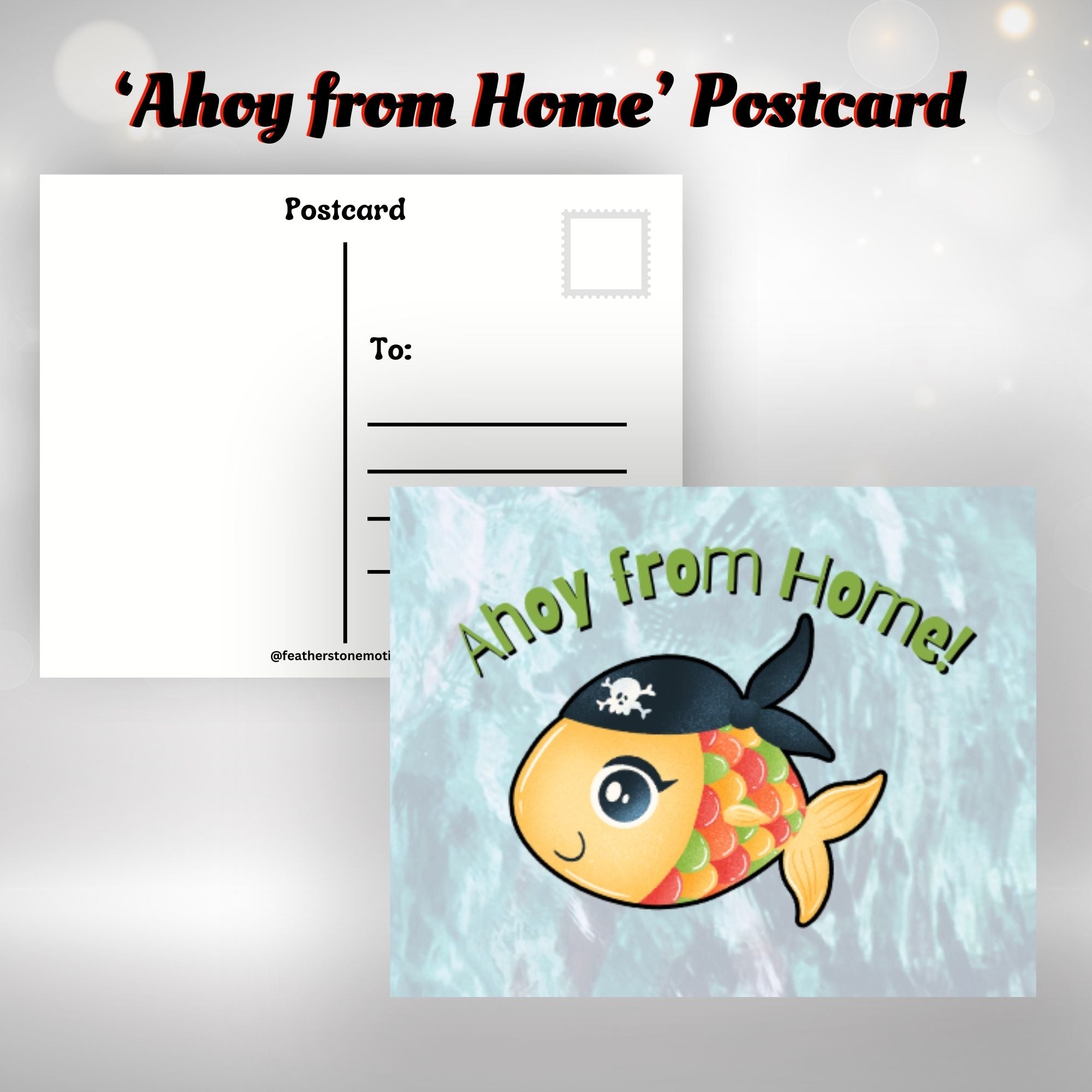 This image shows the Ahoy from Home! postcard with a pirate fish.
