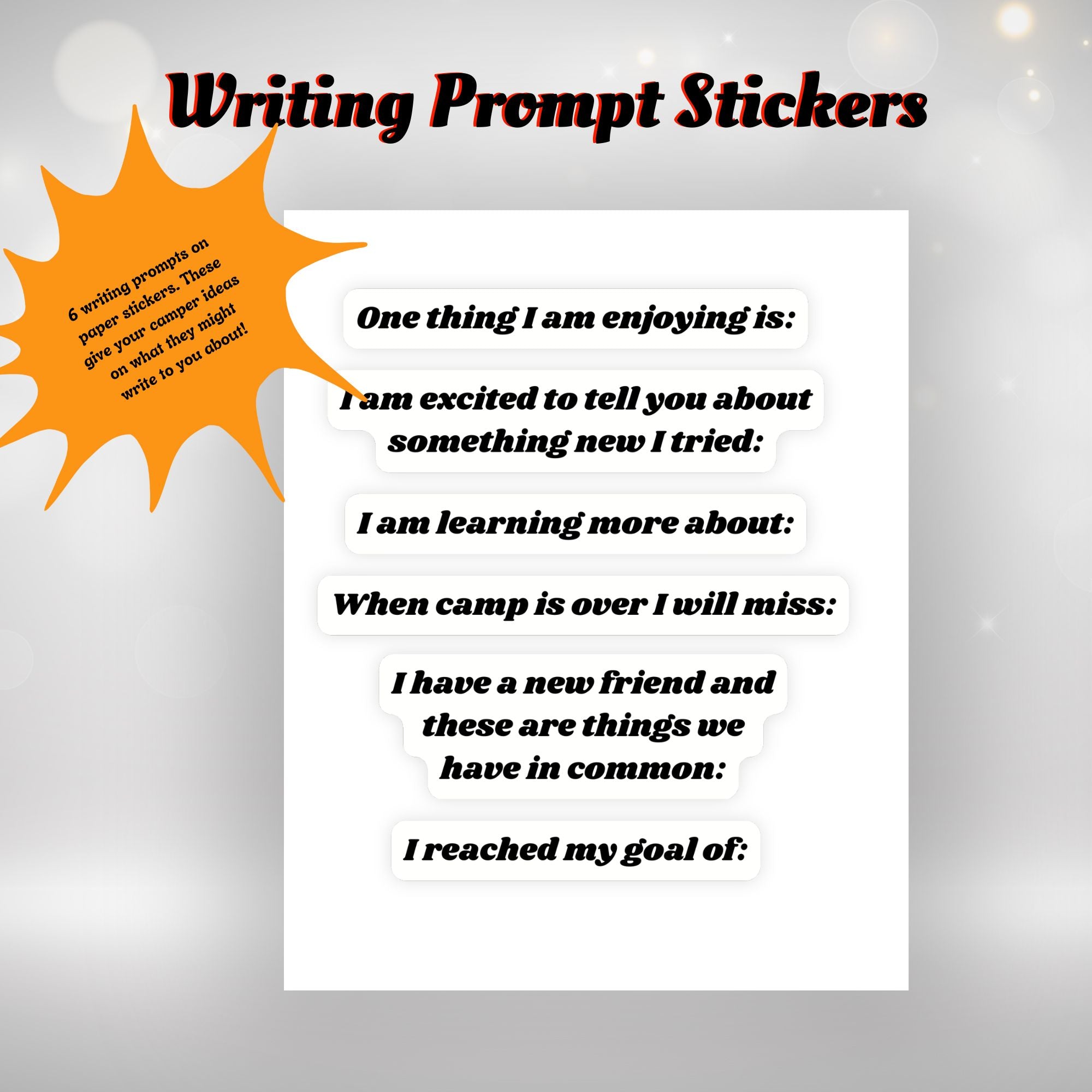This image shows the writing prompt stickers with six different topics.