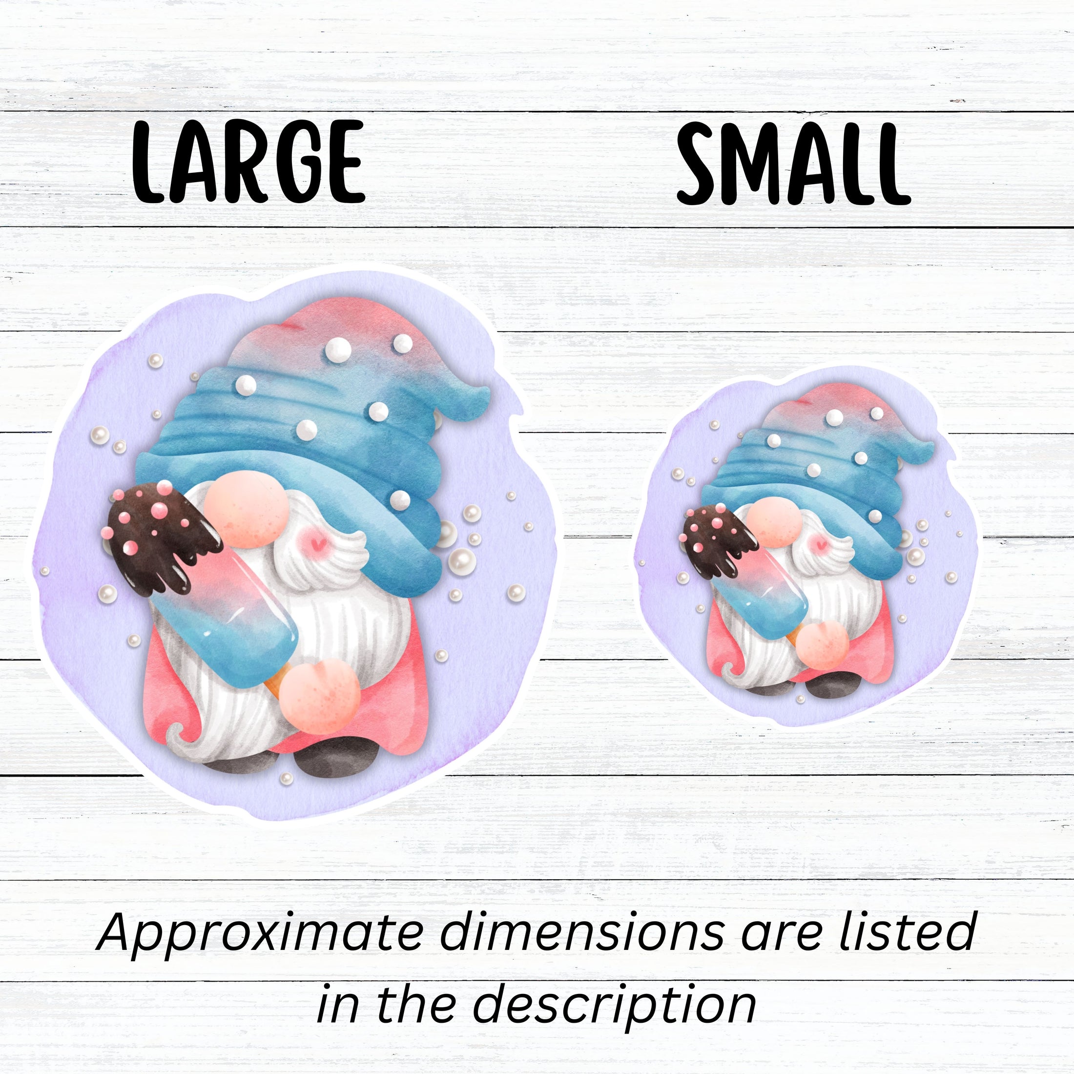 This image shows large and small gnome with a popsicle stickers next to each other.