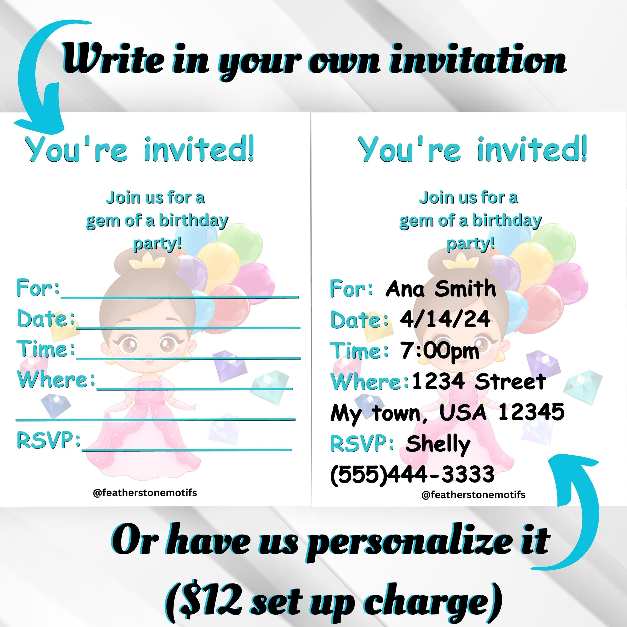 This image shows the invitation with blank lines to fill in yourself, or pre-printed by Featherstone Motifs for an additional set up fee.