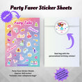 Load image into Gallery viewer, This image shows the Fairy Tales sticker sheet included as a party favor, the cellophane bag, and the personalized paper thank you sticker.
