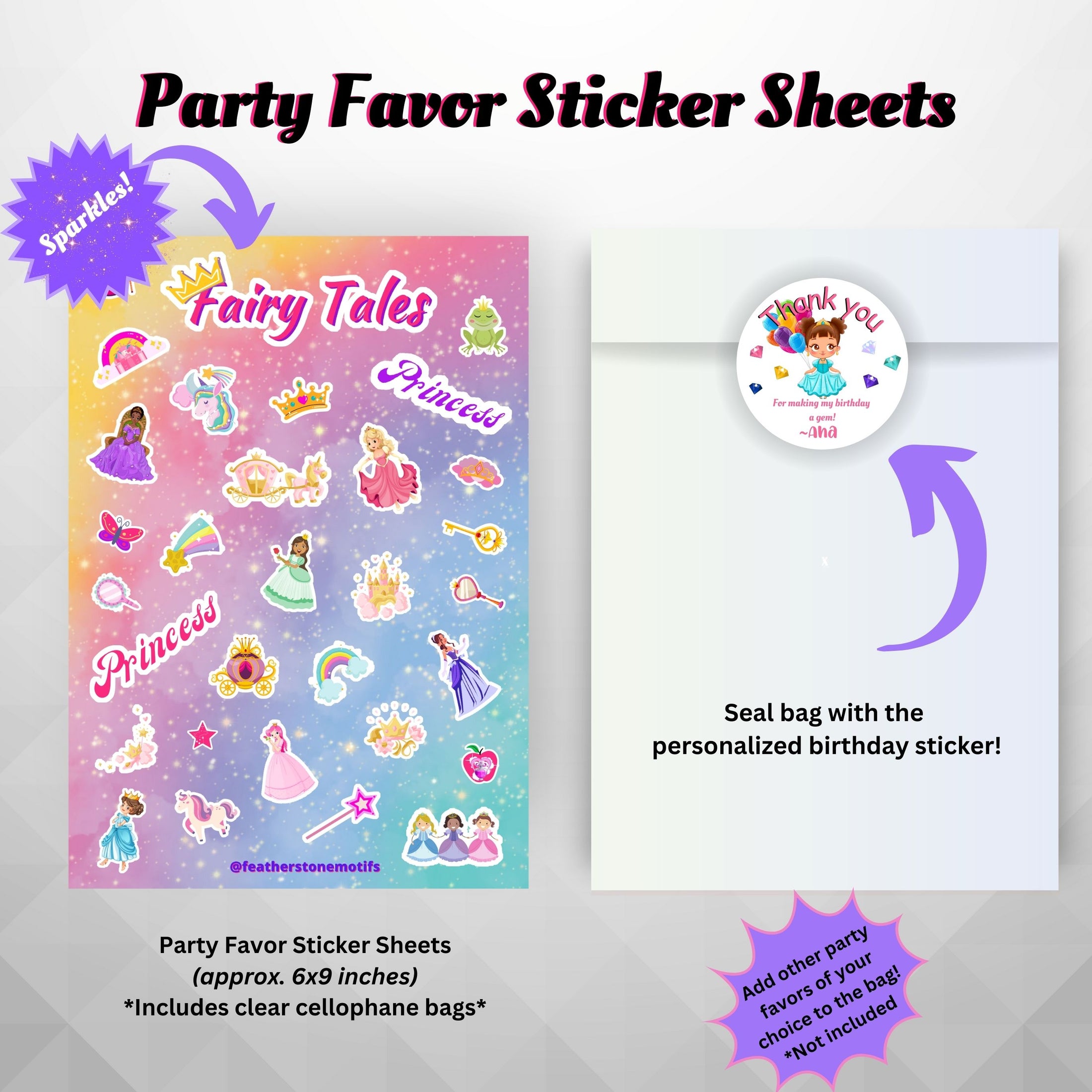This image shows the Fairy Tales sticker sheet included as a party favor, the cellophane bag, and the personalized paper thank you sticker.
