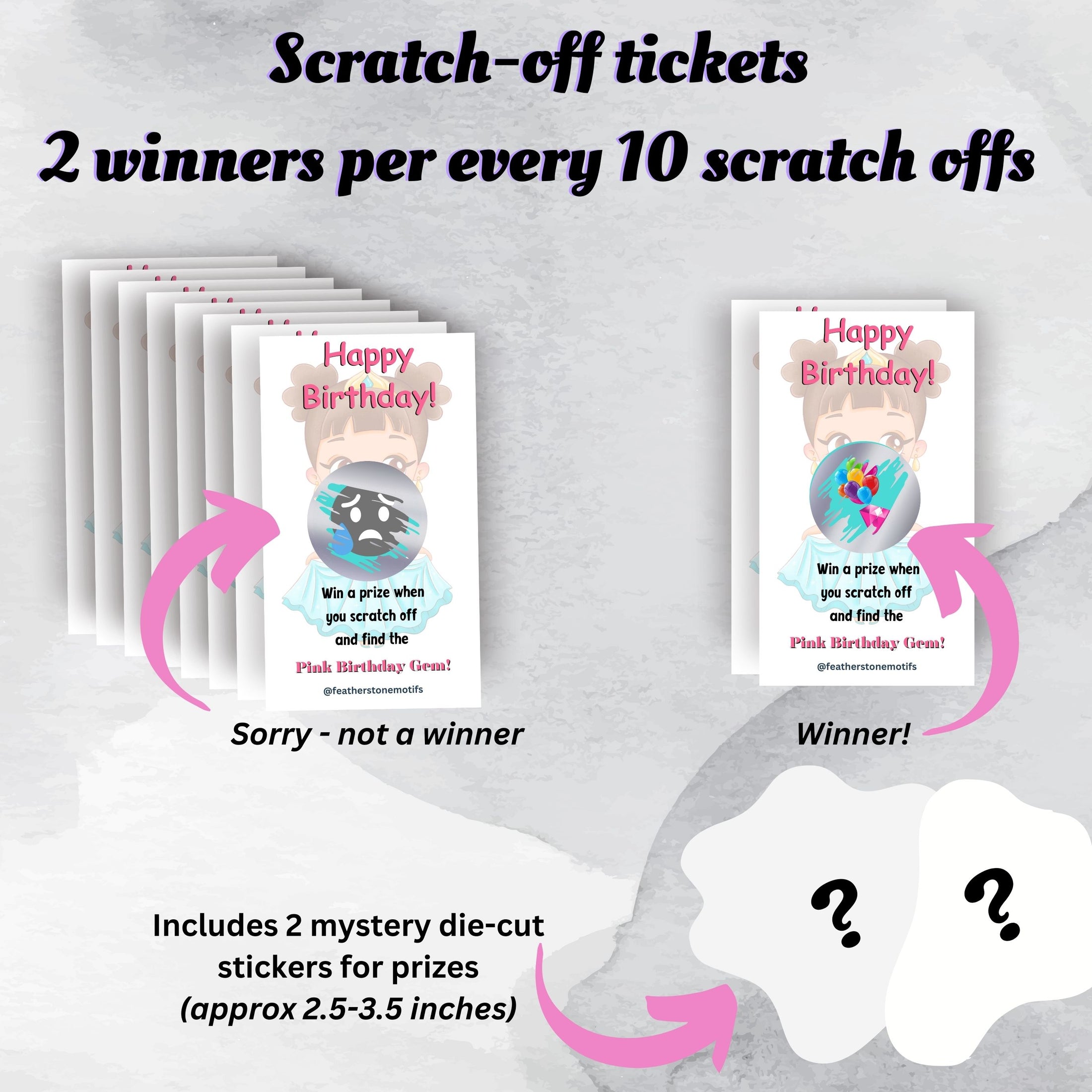 This image shows the scratch-off cards highlighting the winning and non-winning images. Each set of 10 scratch-off cards includes 2 mystery die-cut stickers as prizes.