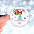 Load image into Gallery viewer, This image shows a hand holding the personalized princess themed thank you sticker.
