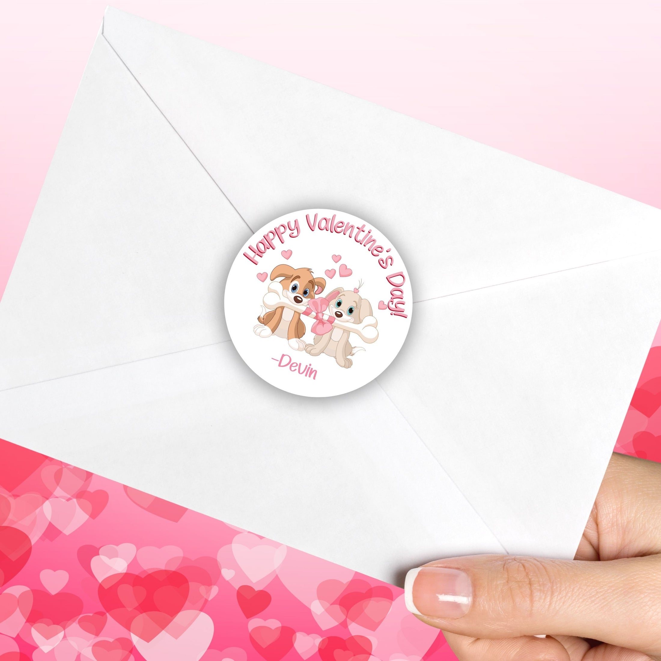 This image shows the personalized valentine sticker on the back of an envelope.