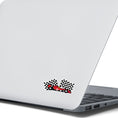 Load image into Gallery viewer, This image shows the race car with flags sticker on the back of an open laptop.
