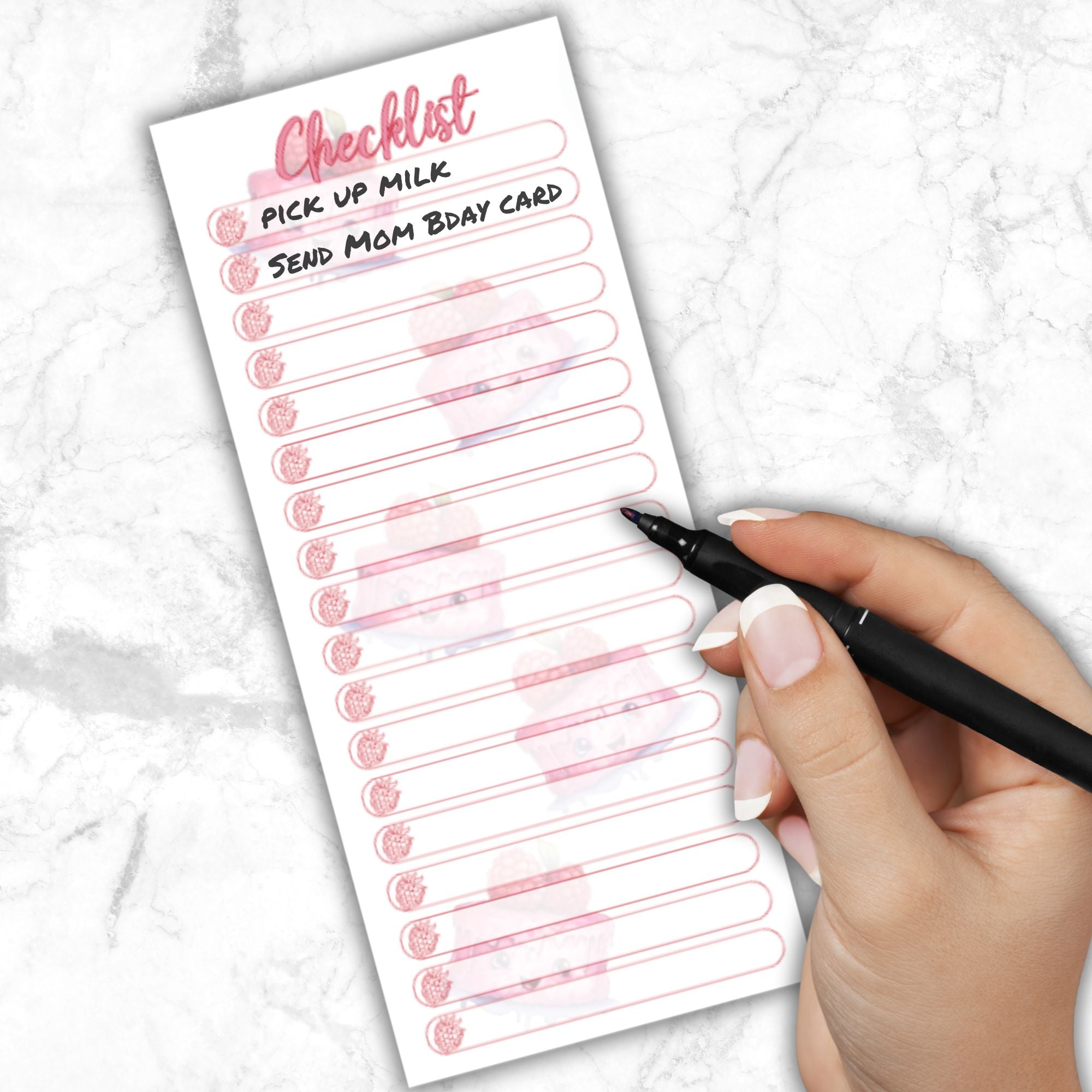 This image show a Checklist Notepad - Raspberry Cakes with a list started on it.
