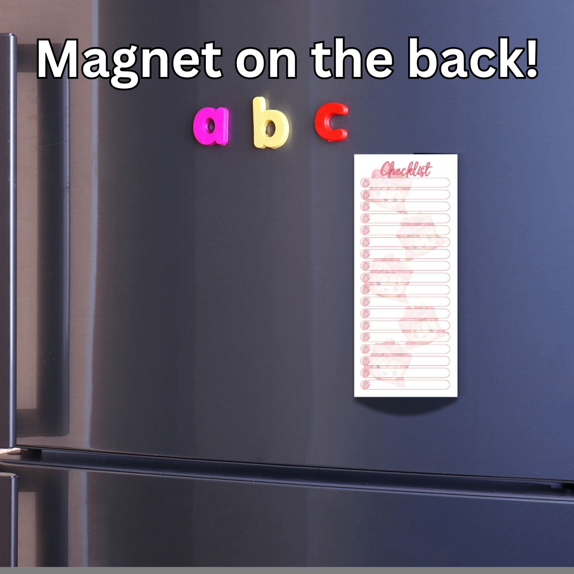 This image shows the Checklist Notepad - Raspberry Cakes on the front of a refigerator.