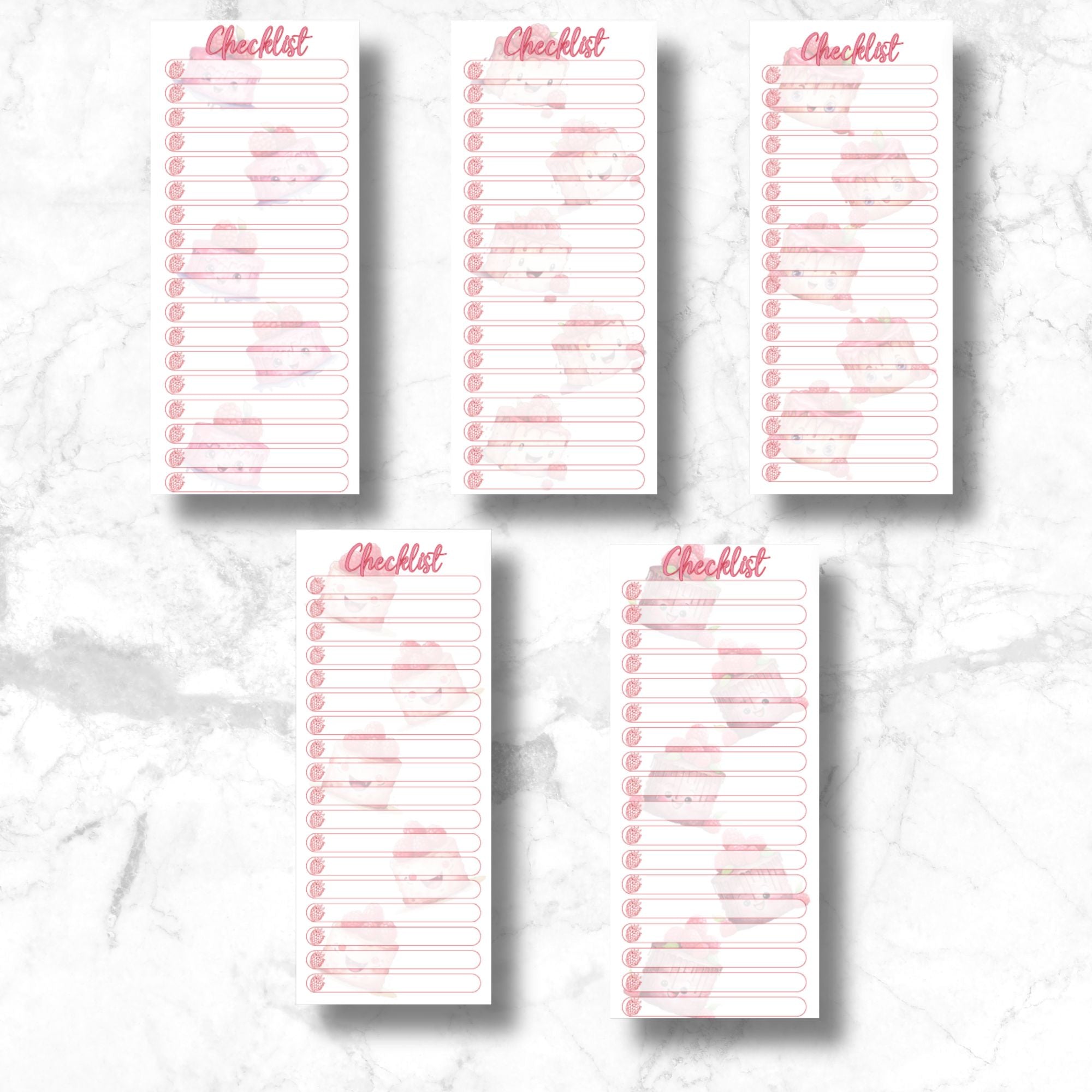 This image show the 5 different designs included in the Checklist Notepad - Raspberry Cakes.