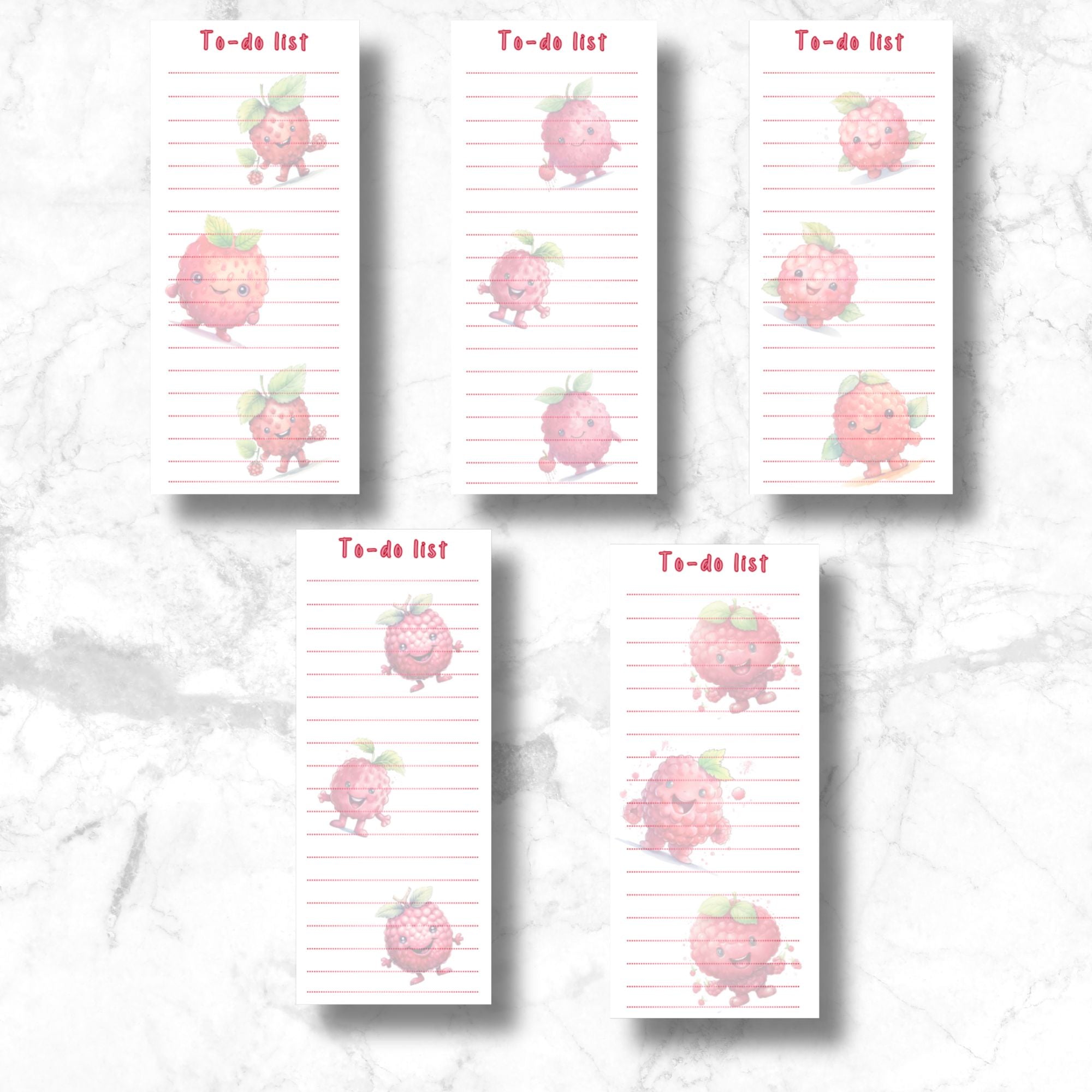 This image shows the 5 different designs included in the To-Do List Notepad - Raspberry.