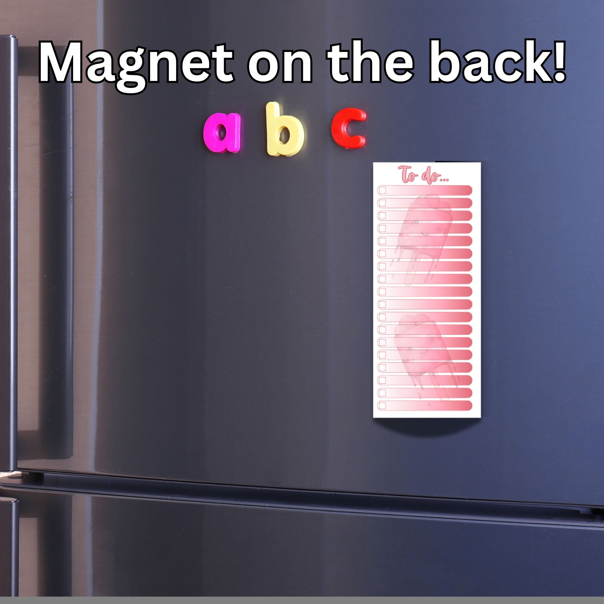 This image shows the To-Do... Notepad - Raspberry Popsicles on the front of a refrigerator. 