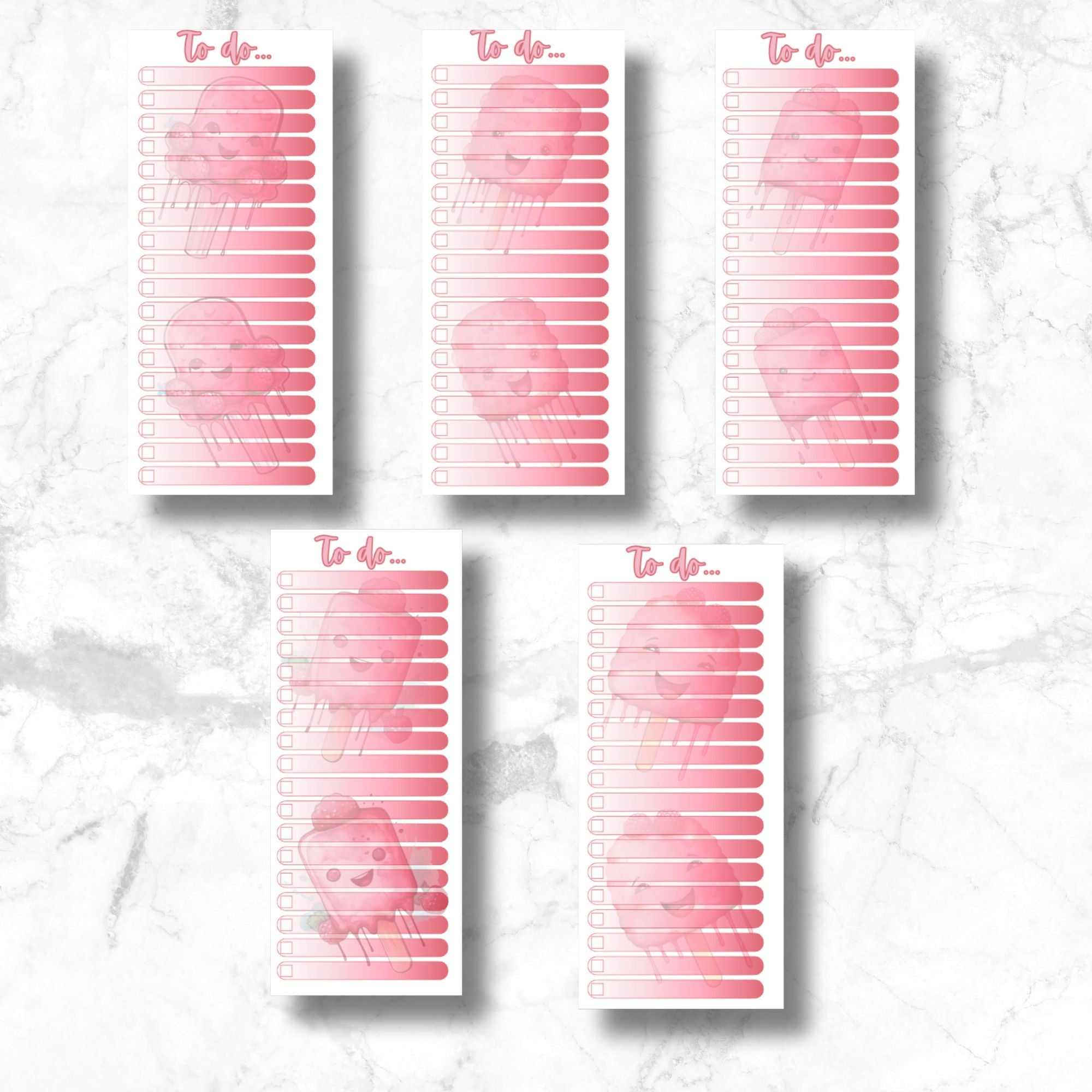 This image shows the 5 different designs included in the To-Do... Notepad - Raspberry Popsicles.