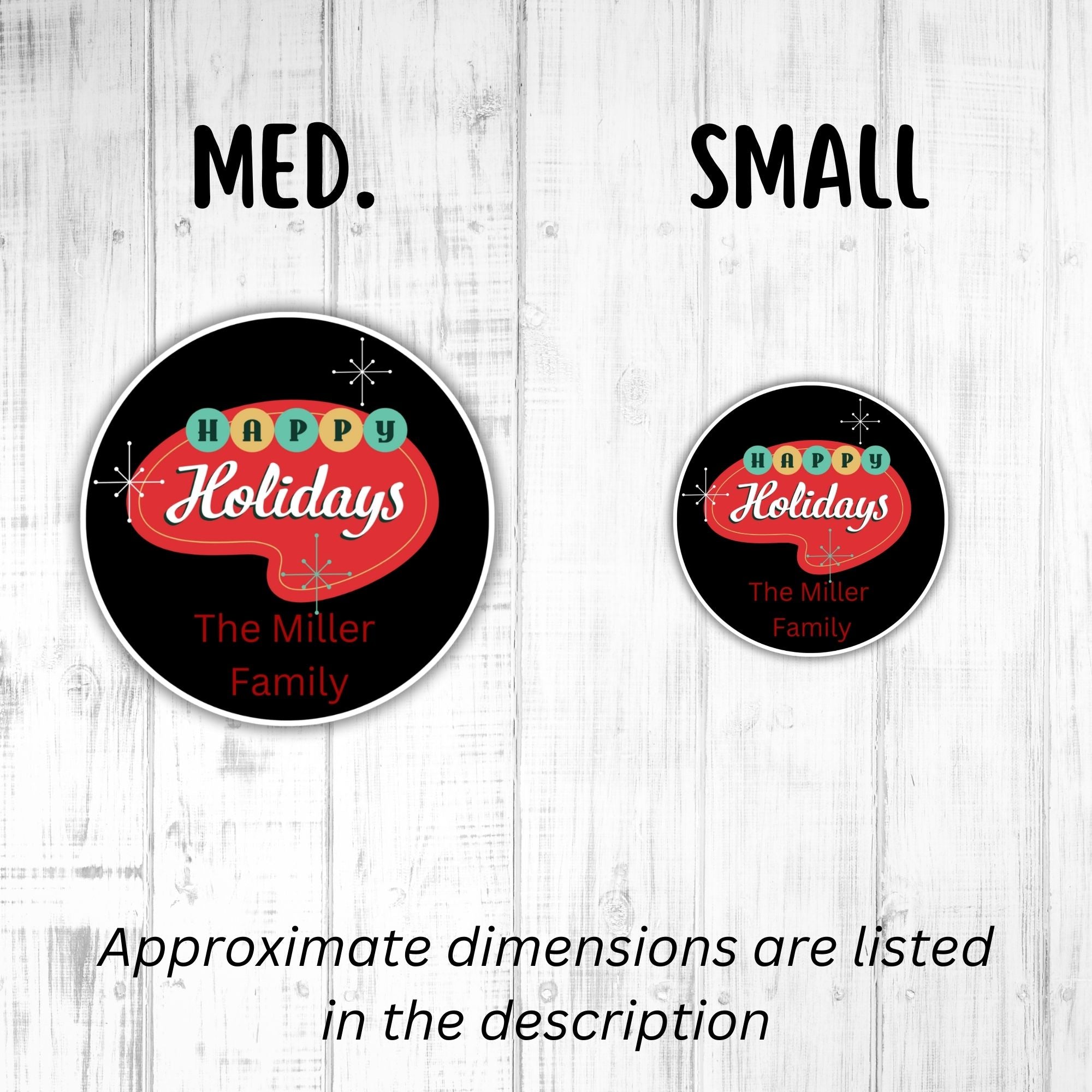 This image shows medium and small Personalized Holiday Stickers - Retro Holidays next to each other.