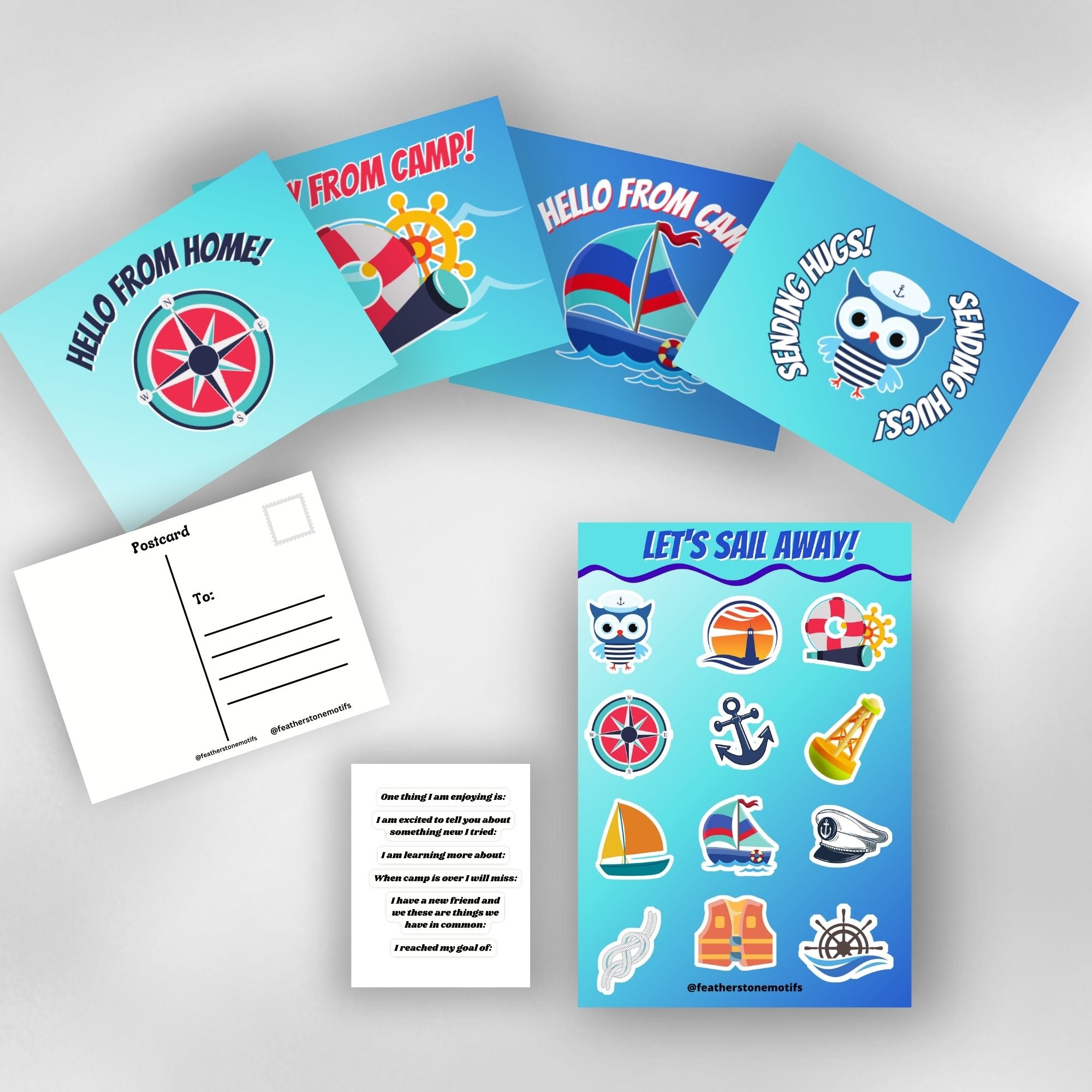 This image shows the full Sailing themed Camp Postcard Kit.