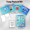 Load image into Gallery viewer, This image shows the Sailing themed Camp Postcard Kit with dimensions and descriptions for each item.

