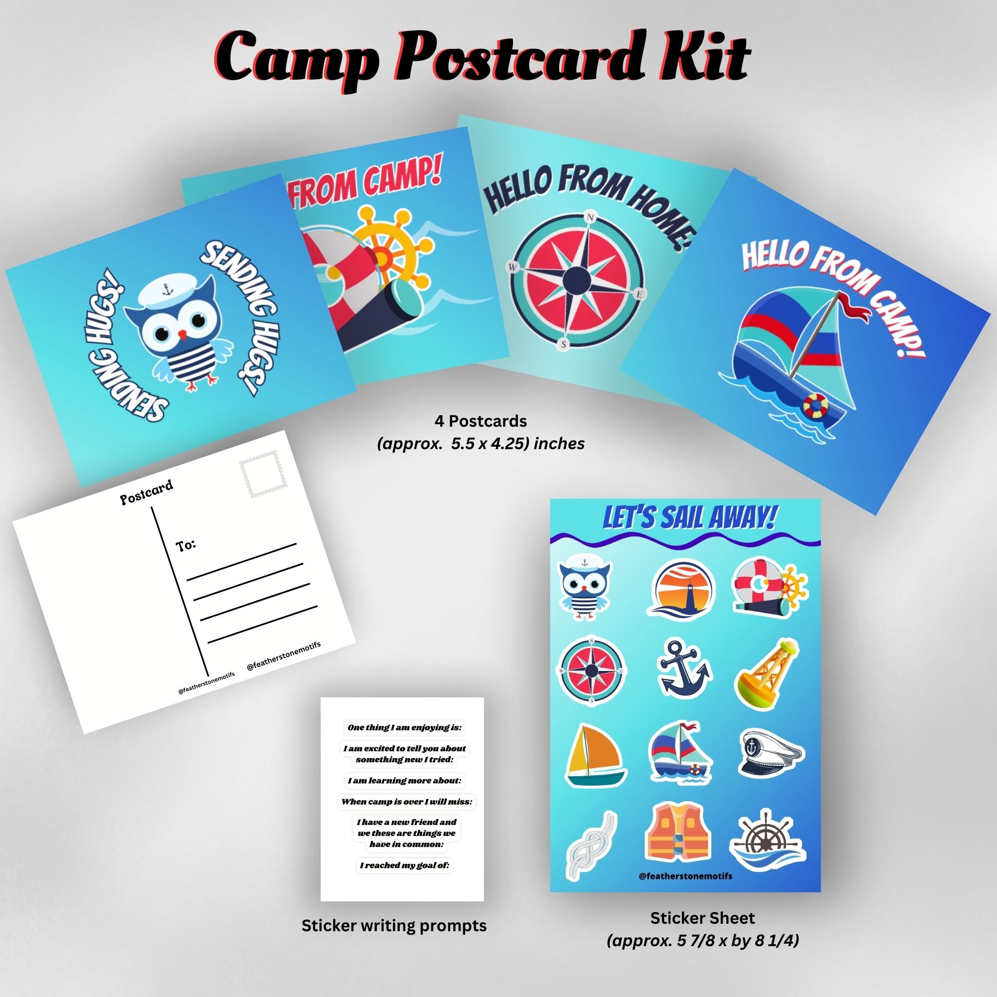 This image shows the Sailing themed Camp Postcard Kit with dimensions and descriptions for each item.