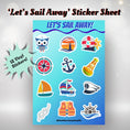 Load image into Gallery viewer, This image shows the Let's Sail Away sticker sheet with 12 vinyl stickers that is included in the Sailing themed Camp Postcard Kit.
