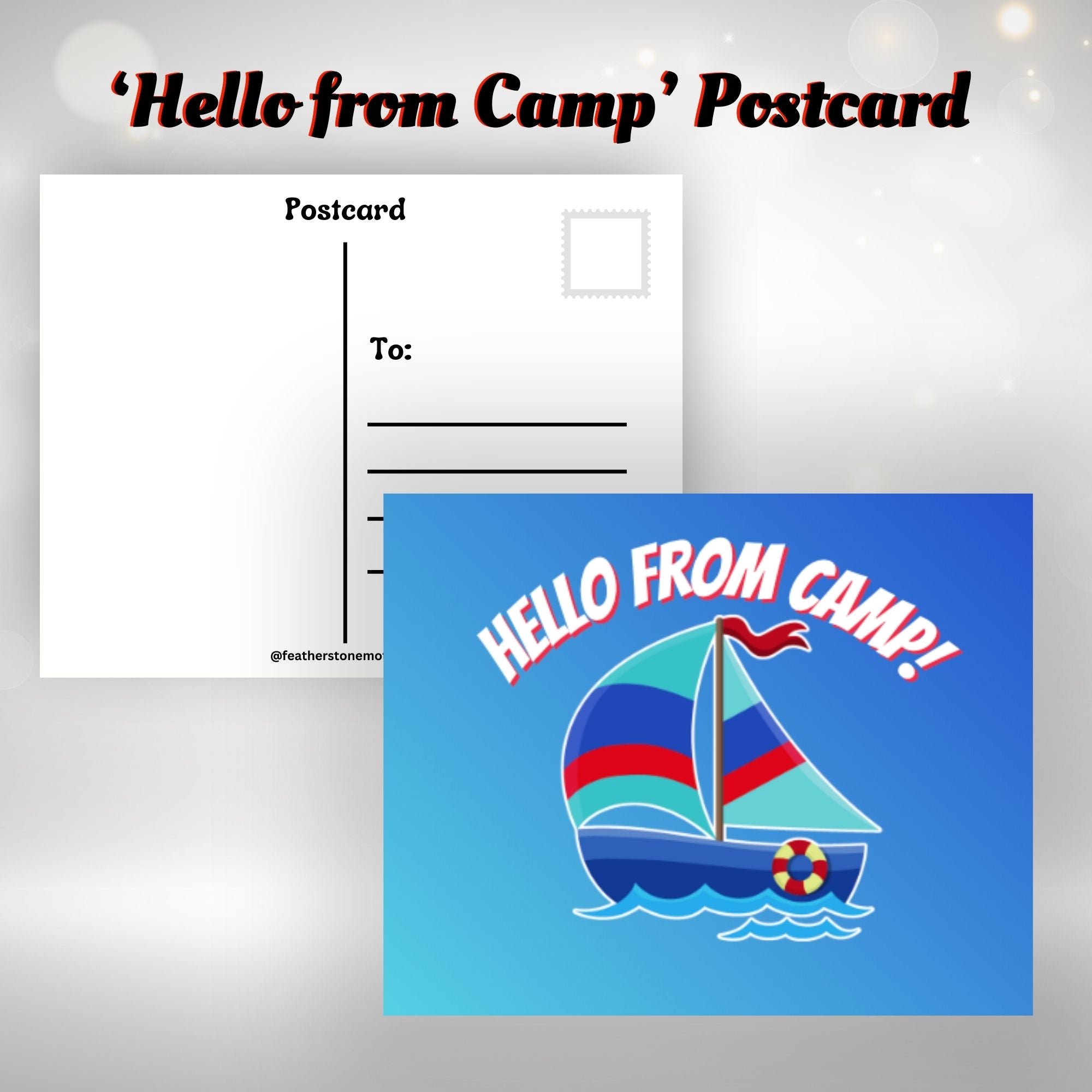This image shows the Hello from Camp! postcard with a sailboat on a darker blue background.