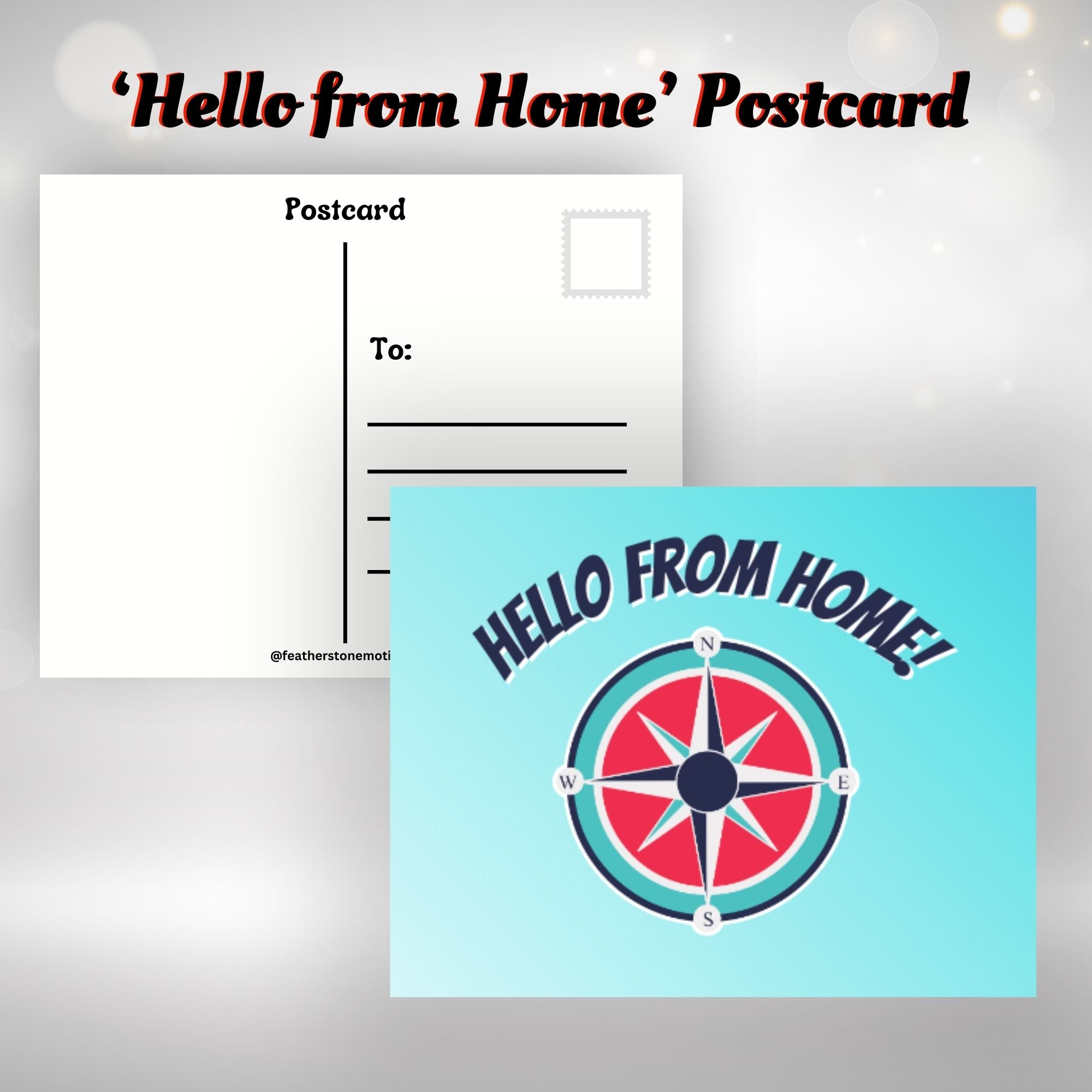 This image shows the Hello from Home! postcard with a compass on it.