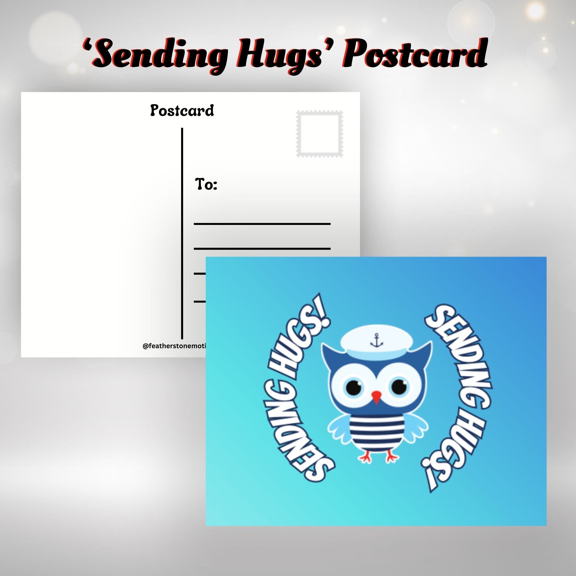 This image shows the Sending Hugs! postcard with a nautical themed owl in the center.