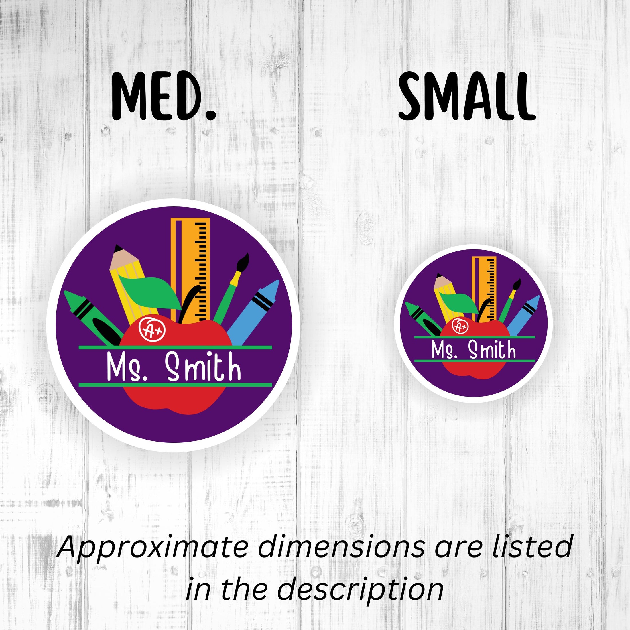 This image shows medium and small personalized school stickers next to each other as a size comparison.