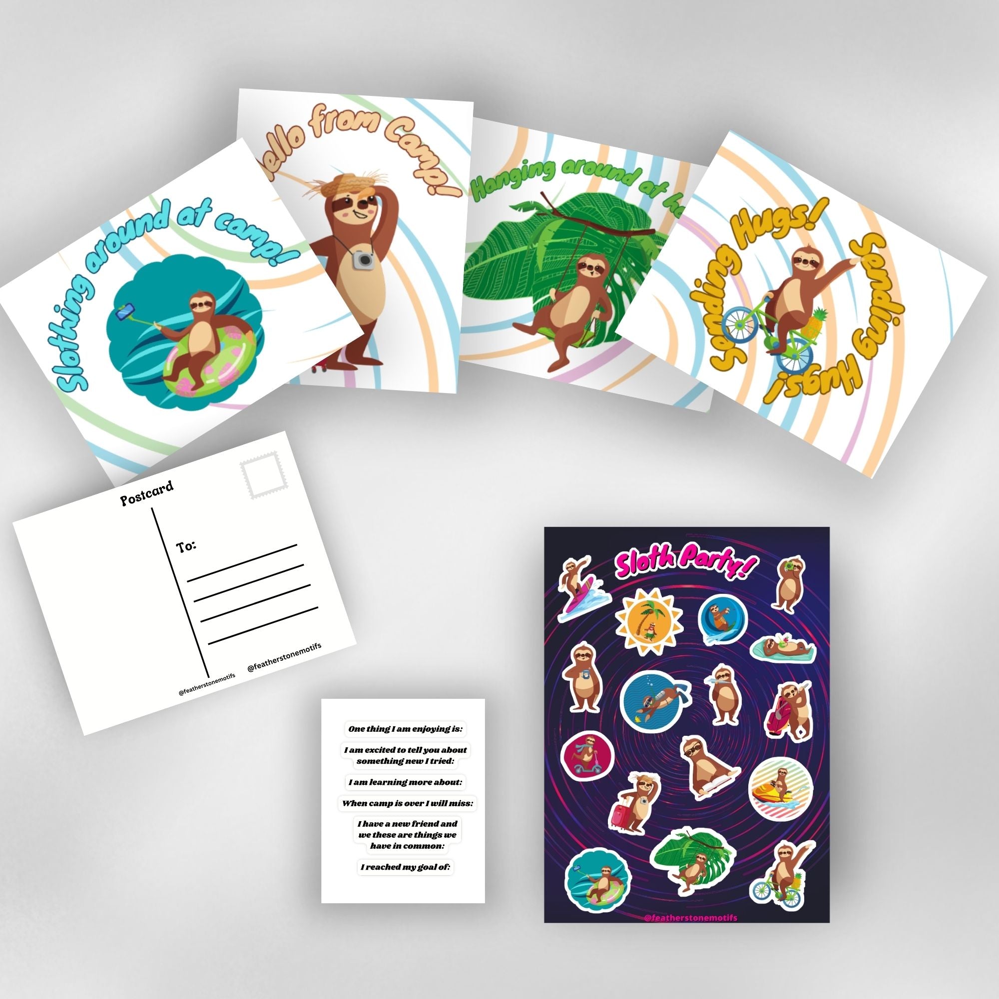 This image shows the full Sloth themed Camp Postcard Kit.