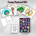 Load image into Gallery viewer, This image shows the Sloth themed Camp Postcard Kit with dimensions and descriptions for each item.
