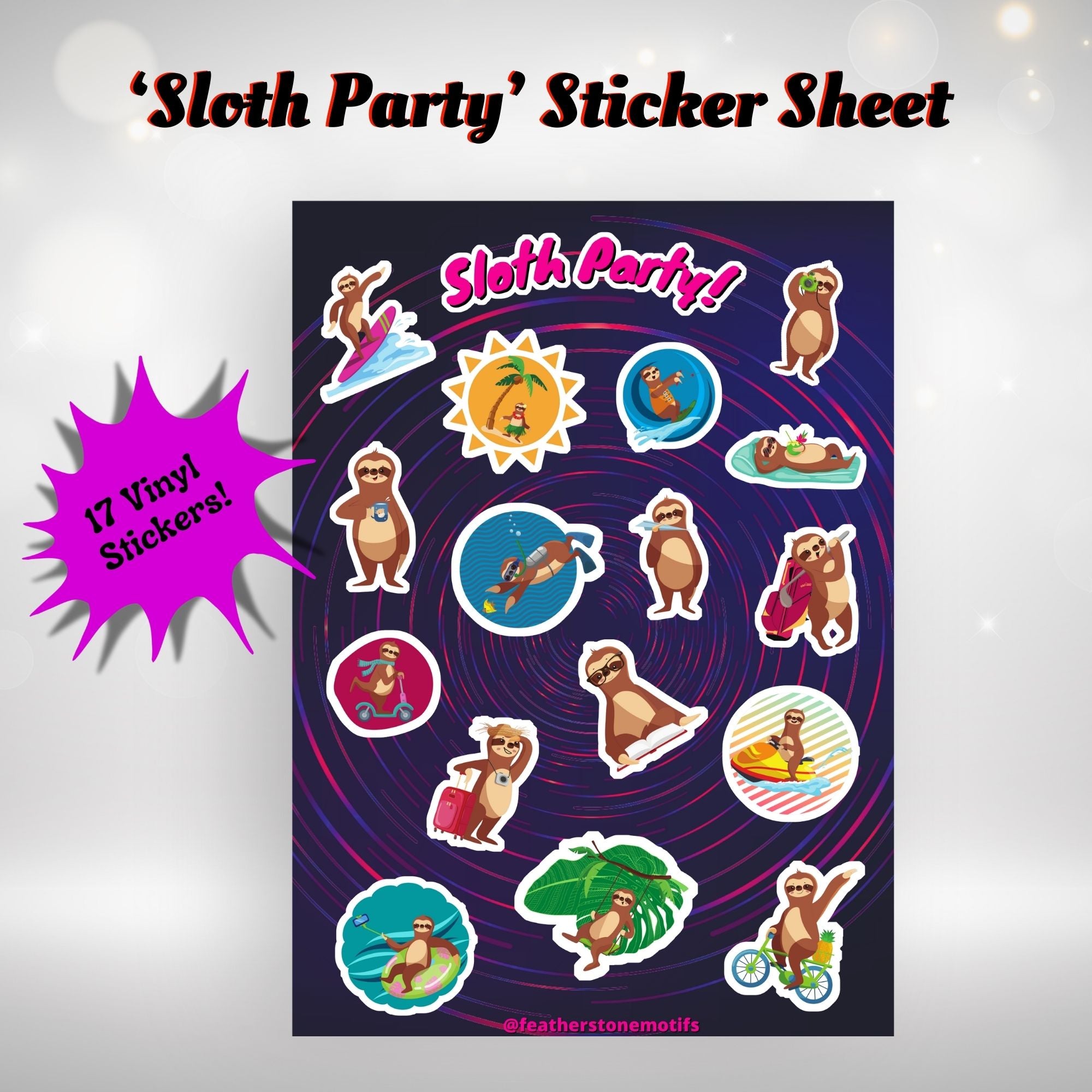 This image shows the Sloth Party! sticker sheet with 17 vinyl stickers that is included in the Sloth themed Camp Postcard Kit.