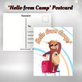 Load image into Gallery viewer, This image shows the Hello from Camp! postcard with a sloth wearing a camera and holding a suitcase.
