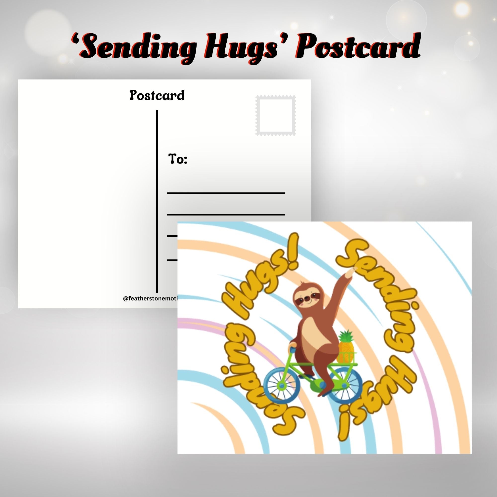 This image shows the Sending Hugs! postcard with a sloth waving and riding a bicycle.