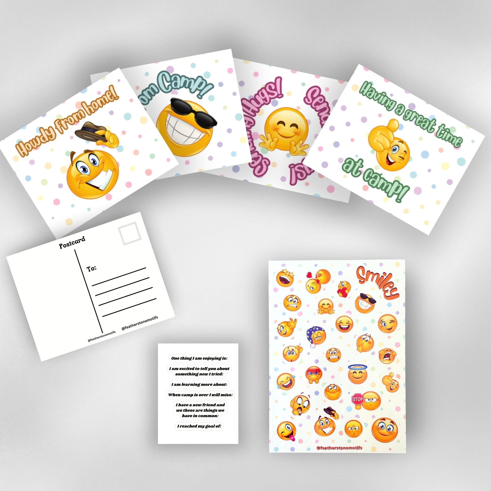 This image shows the full Smiley themed Camp Postcard Kit.