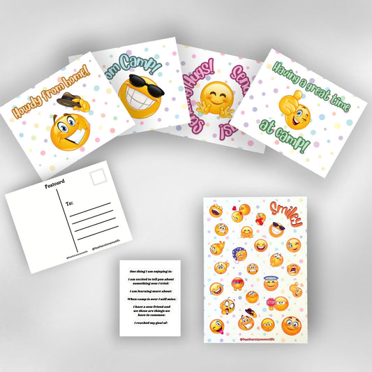 This image shows the full Smiley themed Camp Postcard Kit.
