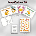 Load image into Gallery viewer, This image show the Smiley themed Camp Postcard Kit with dimensions and descriptions for each item.
