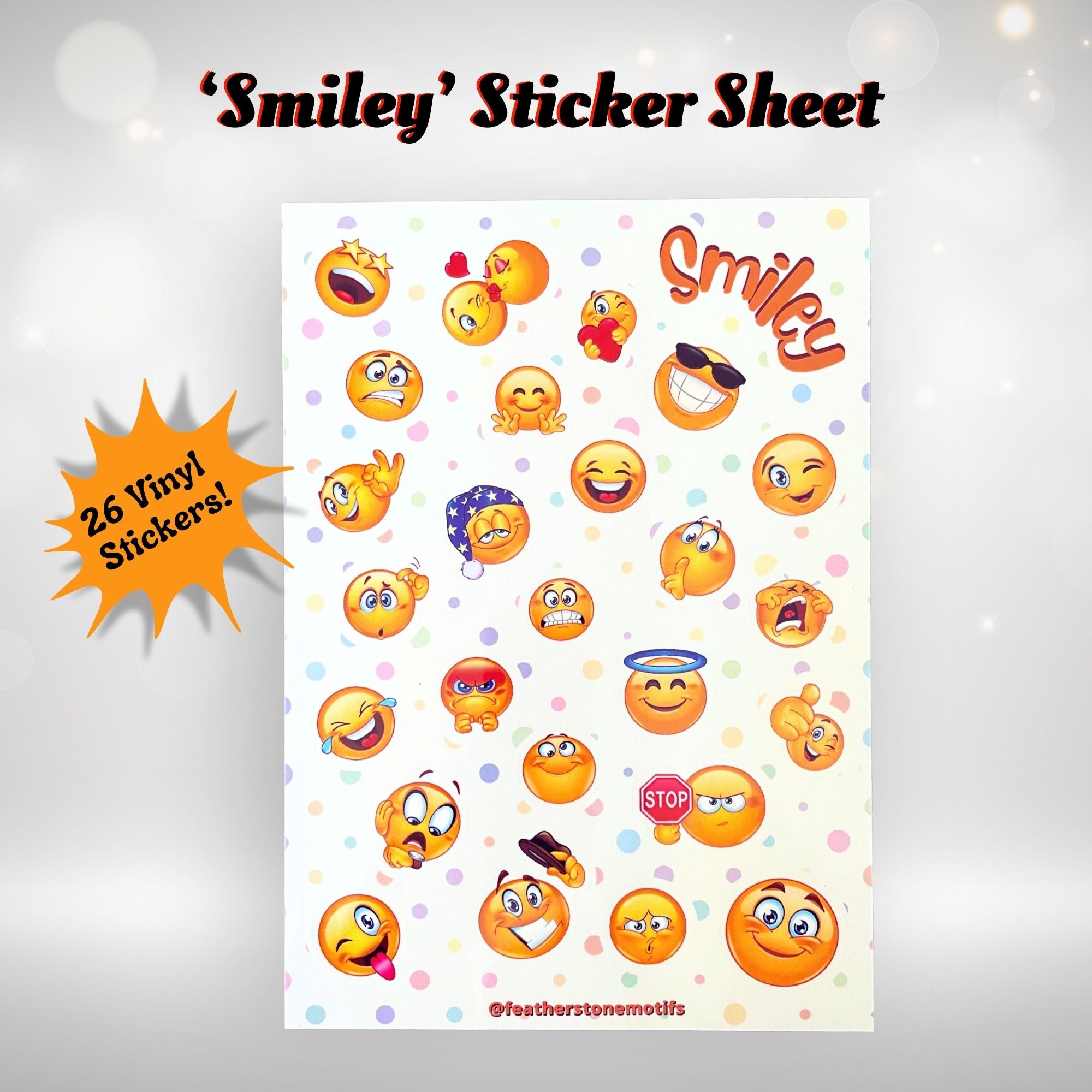 This image shows the Smiley sticker sheet with 26 vinyl stickers that is included in the Smiley themed Camp Postcard Kit.