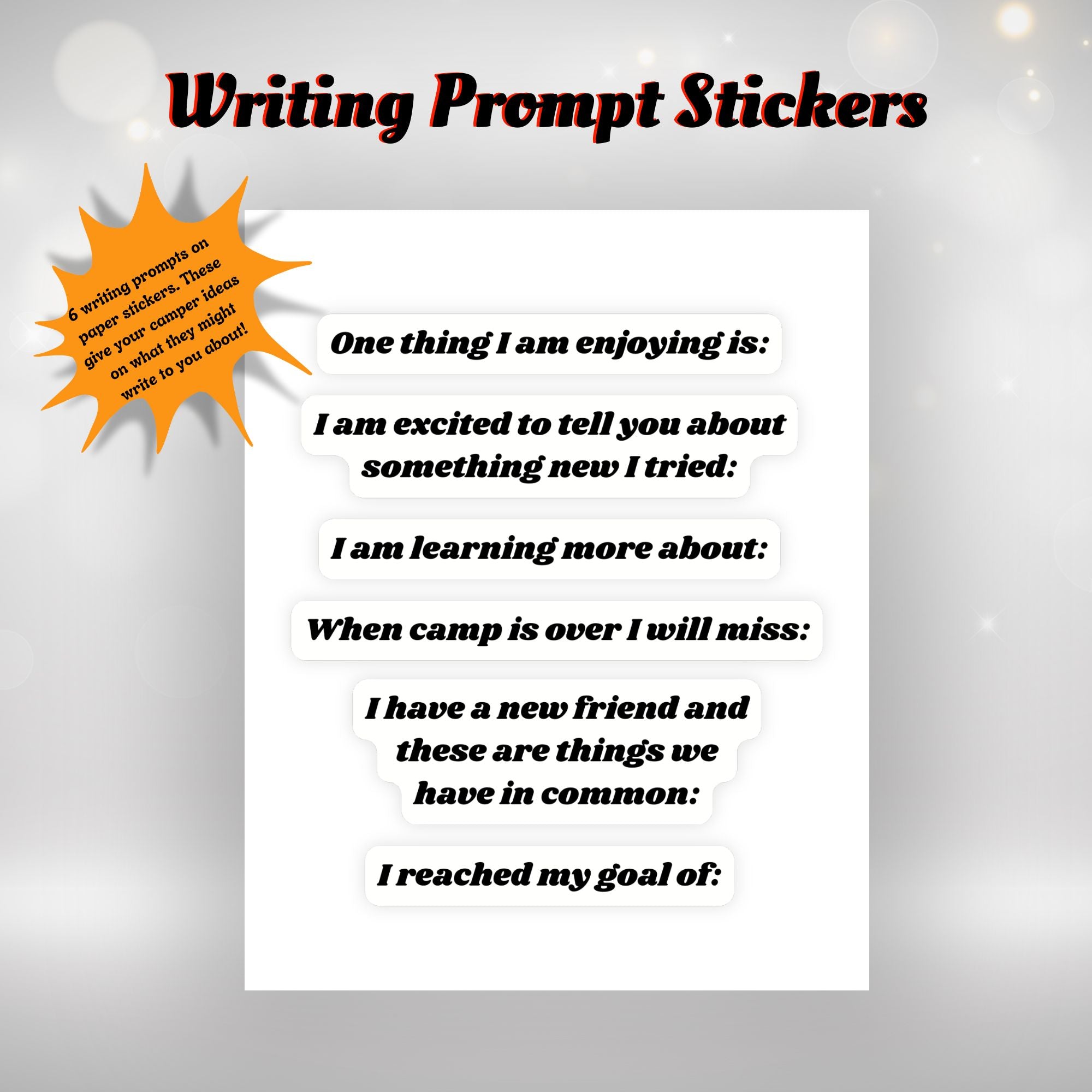 This image shows the writing prompt stickers with six different topics.