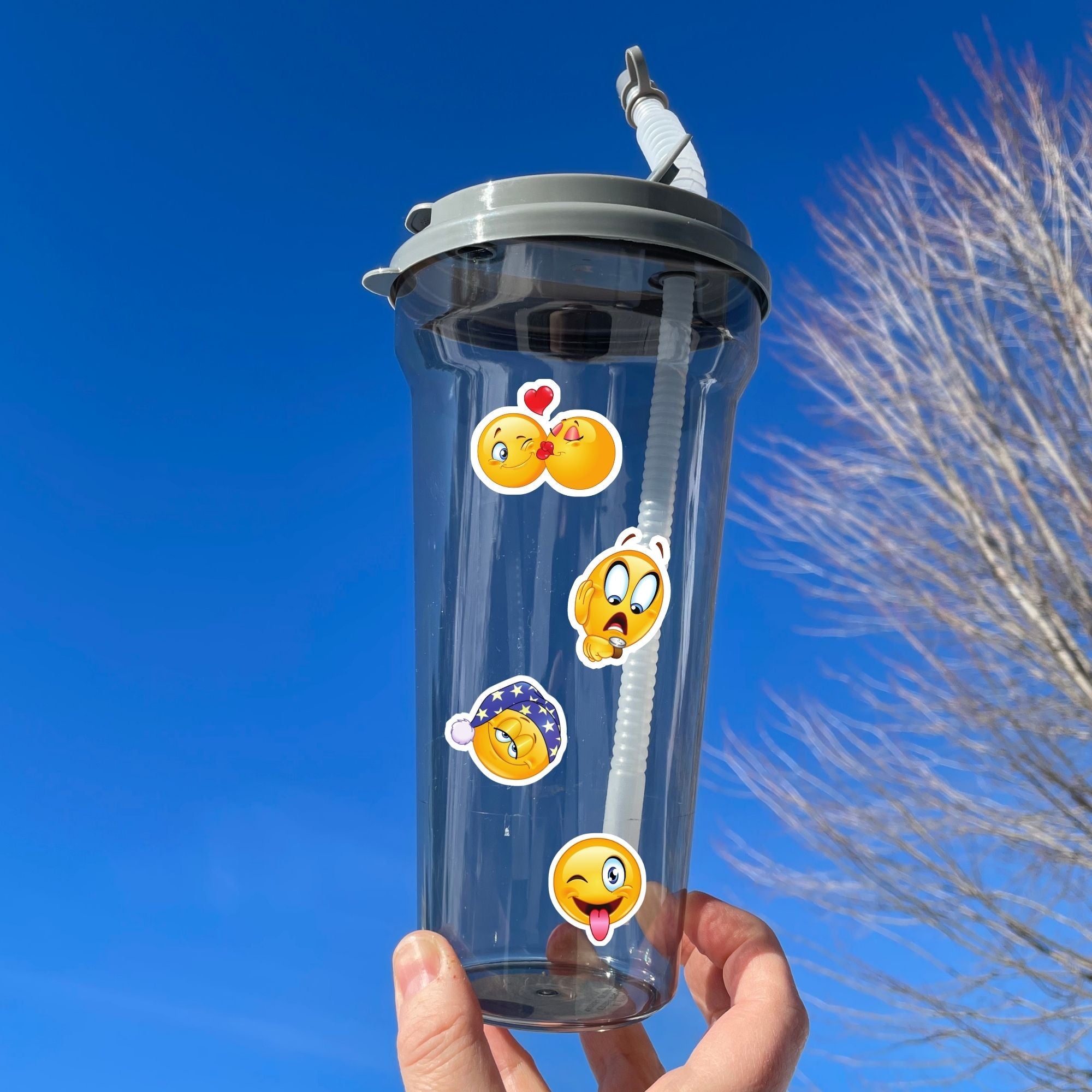 This image shows a water bottle with some of the Smiley stickers applied.