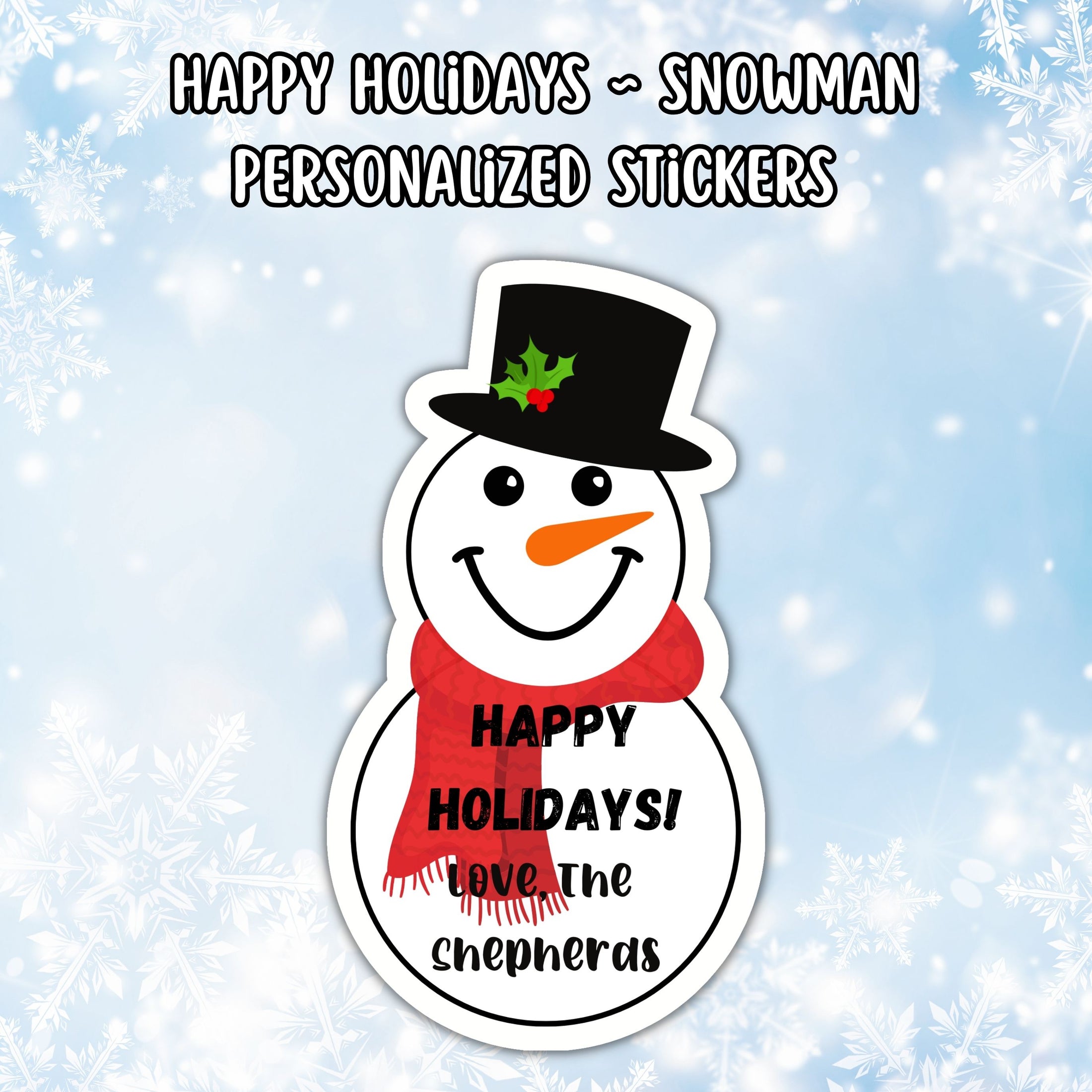 This cover page shows the personalized holiday sticker on a snowflake background.