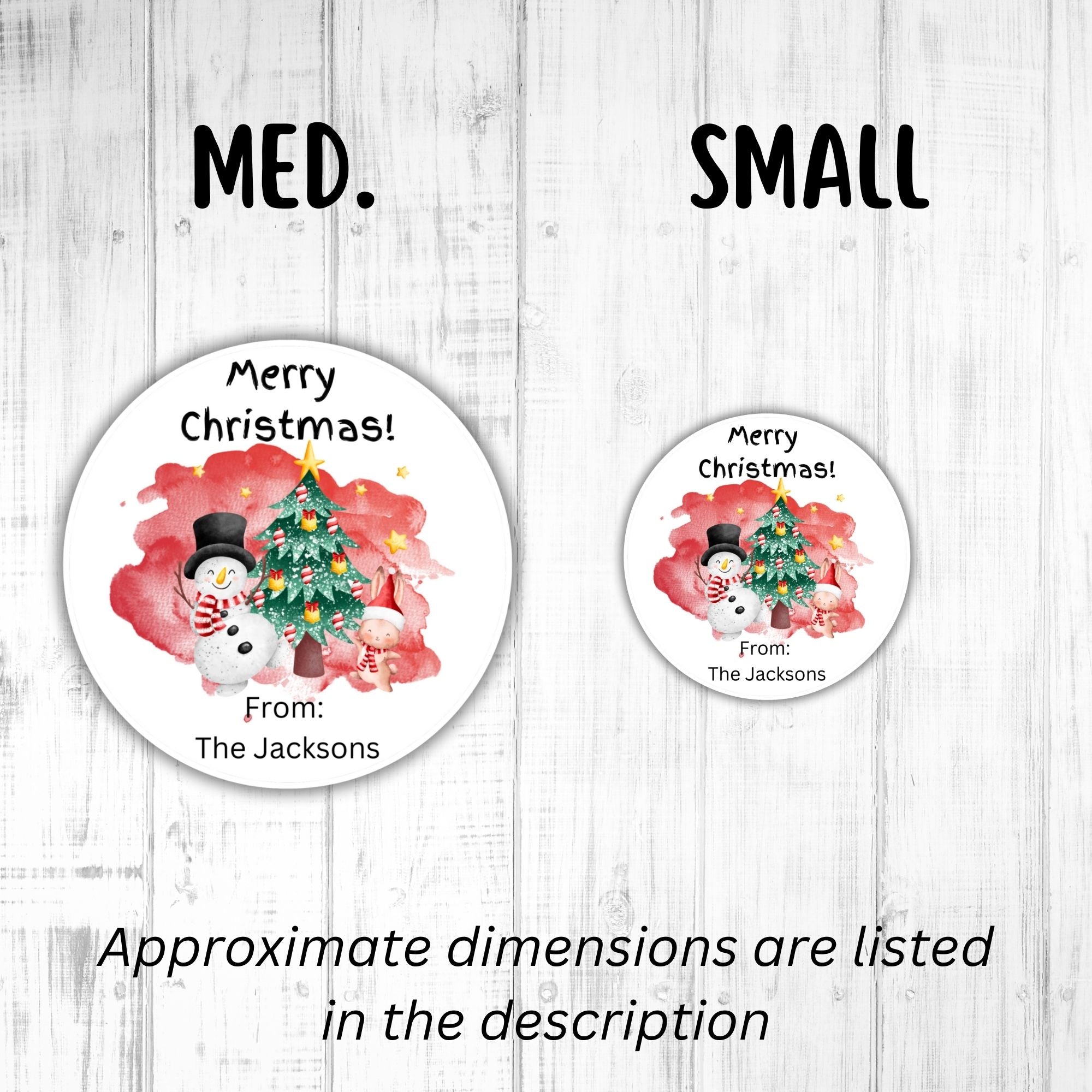 This image shows medium and small Personalized Holiday Stickers - Snowman Christmas next to each other.