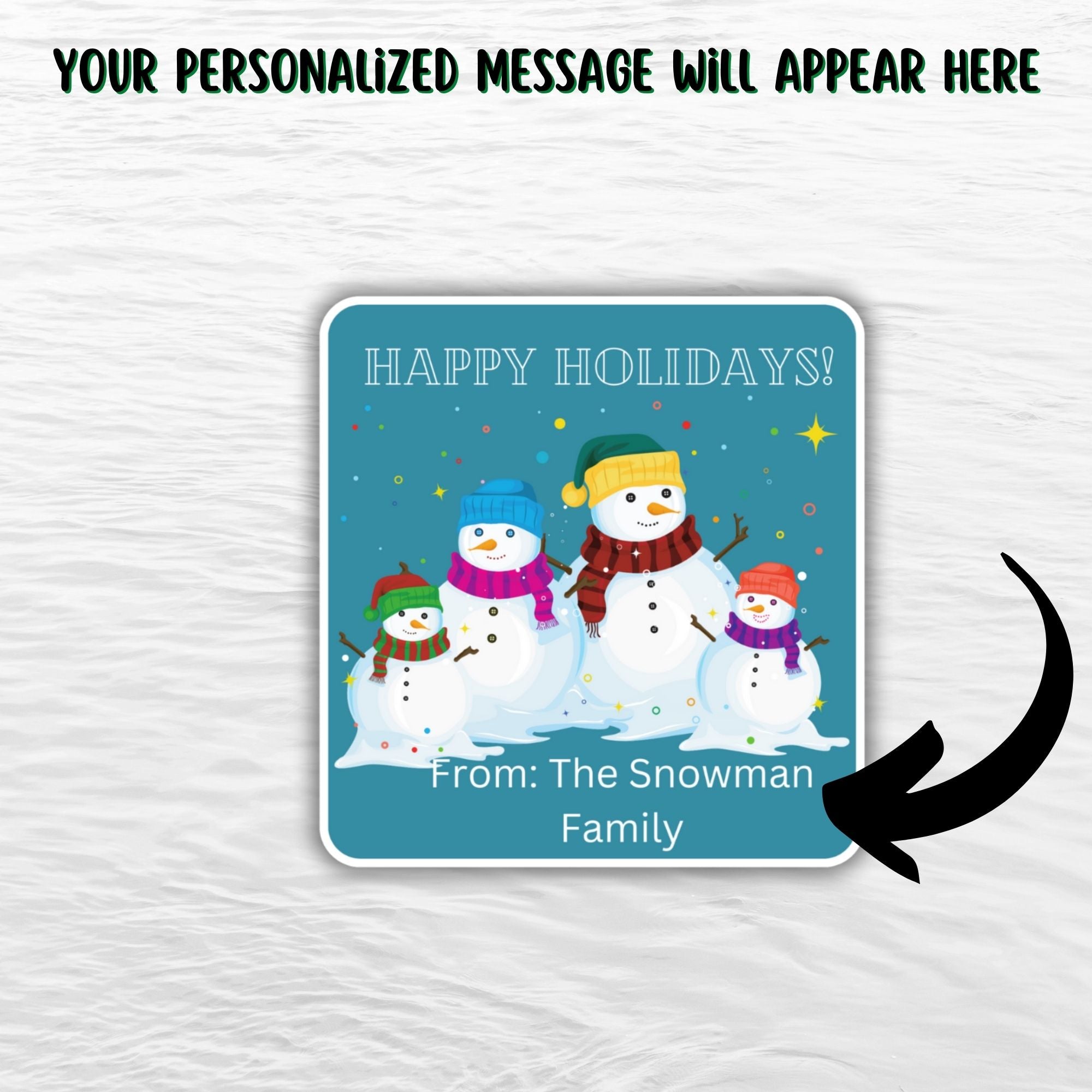 This image shows where your personalized message will be printed on the Personalized Holiday Stickers - Snowman Family Holiday.