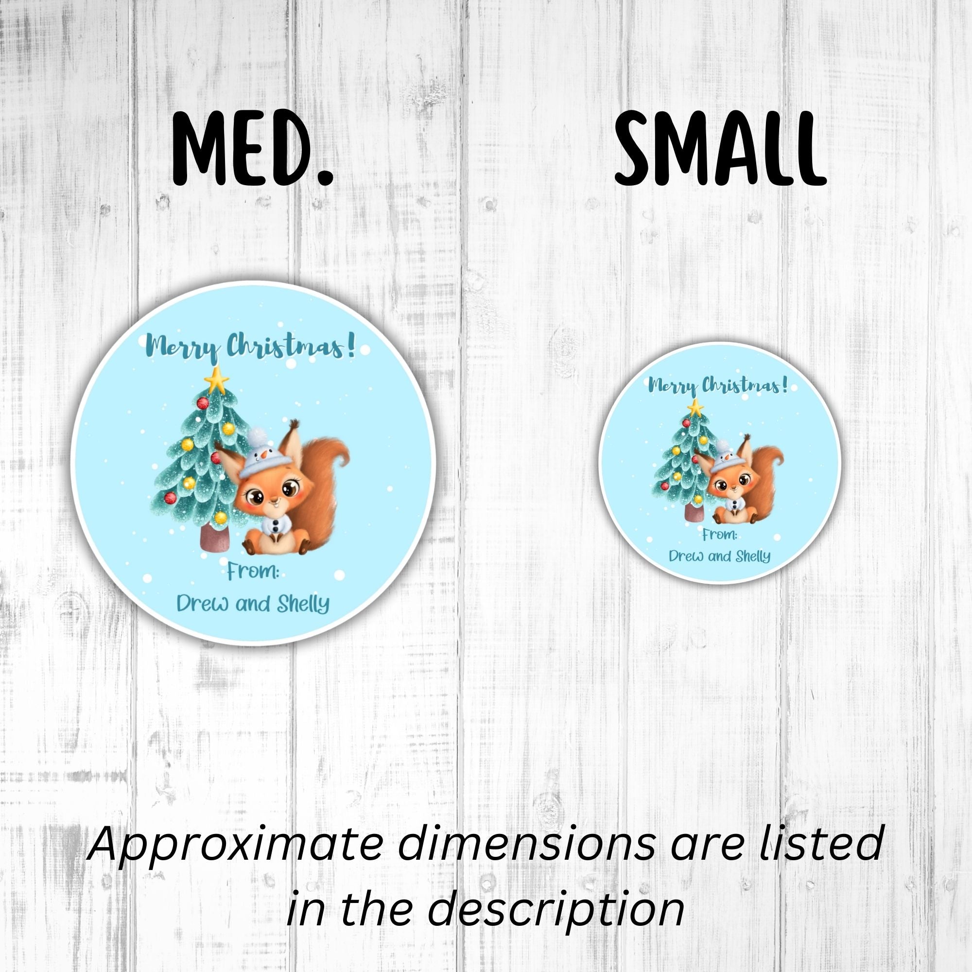 This image shows medium and small Personalized Holiday Stickers - Squirrel Christmas next to each other.