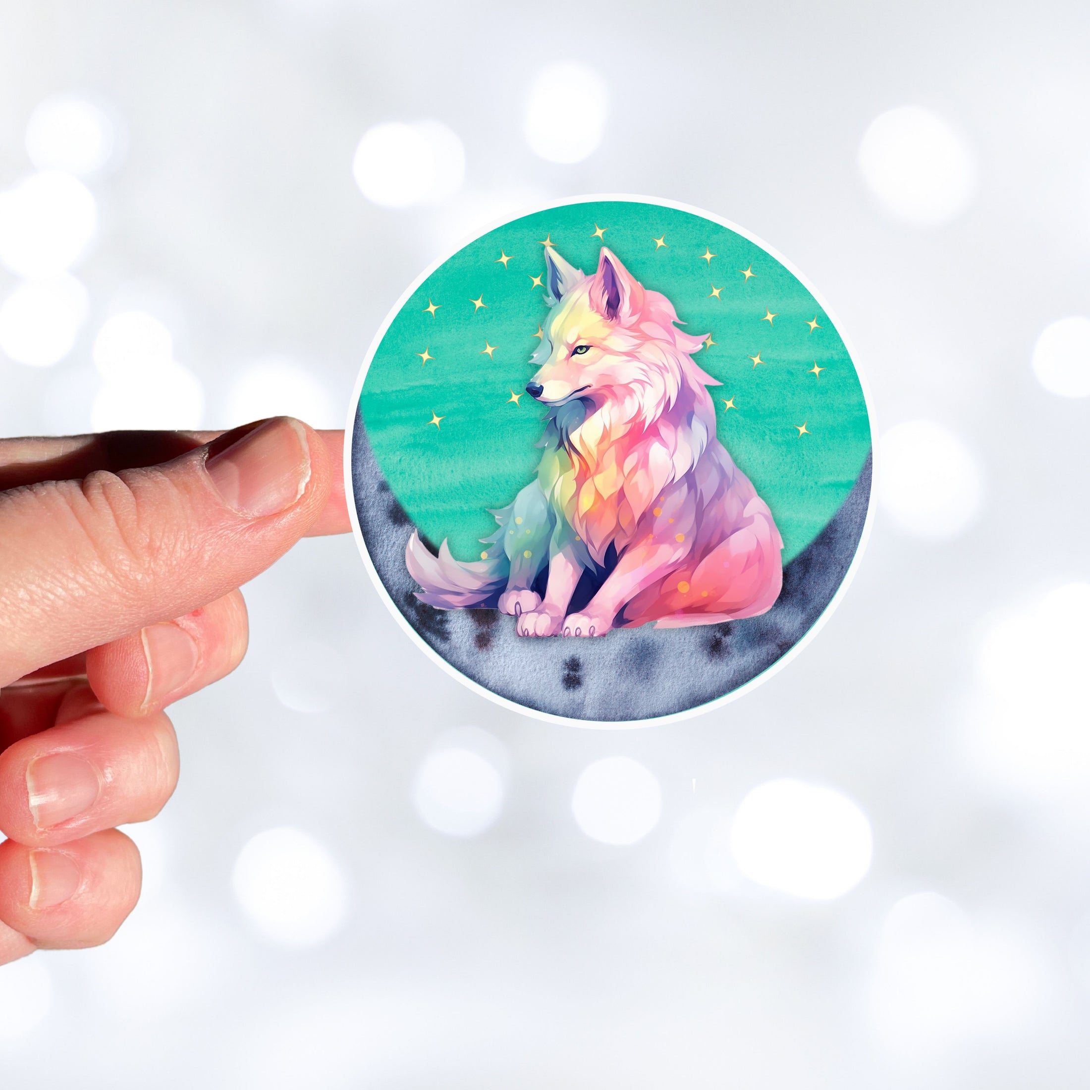 This image shows a hand holding the starry wolf sticker.