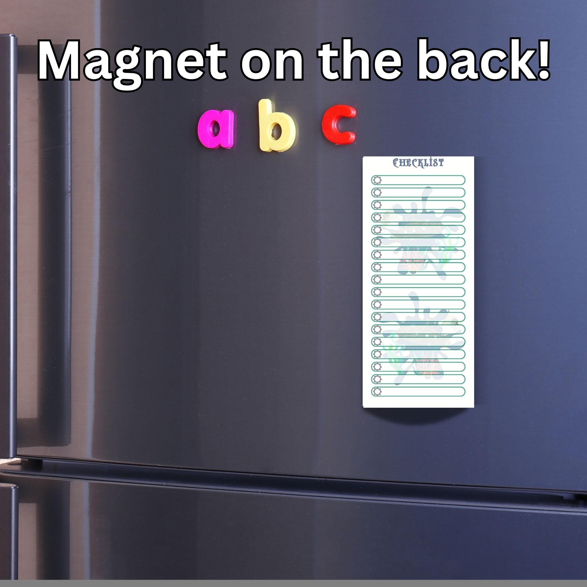 This image shows the Checklist Notepad - Steampunk on a refrigerator. 